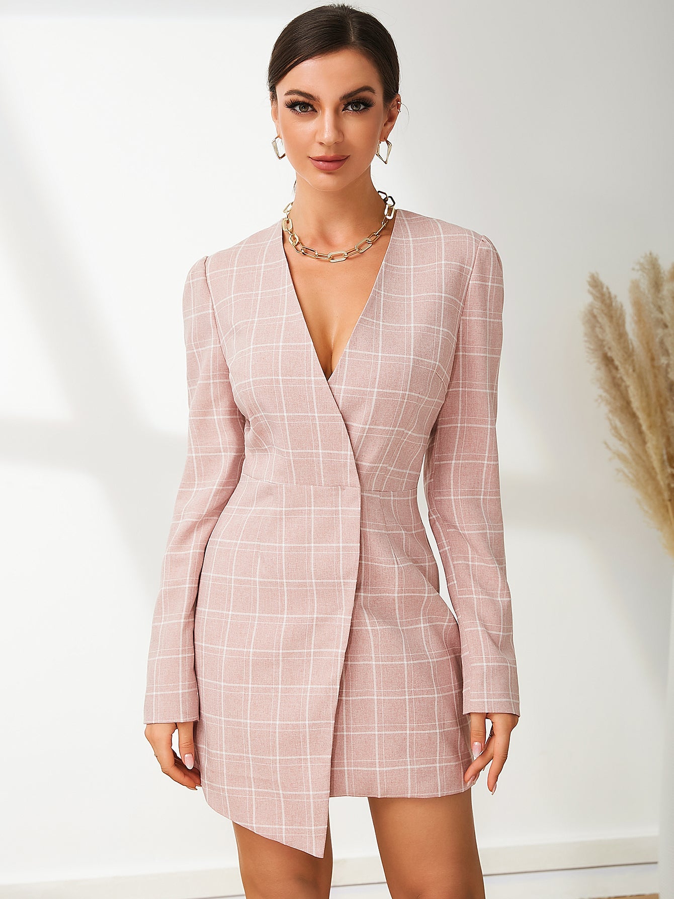 UNIQUE21 Windowpane Print Asymmetrical Hem Wrap Dress