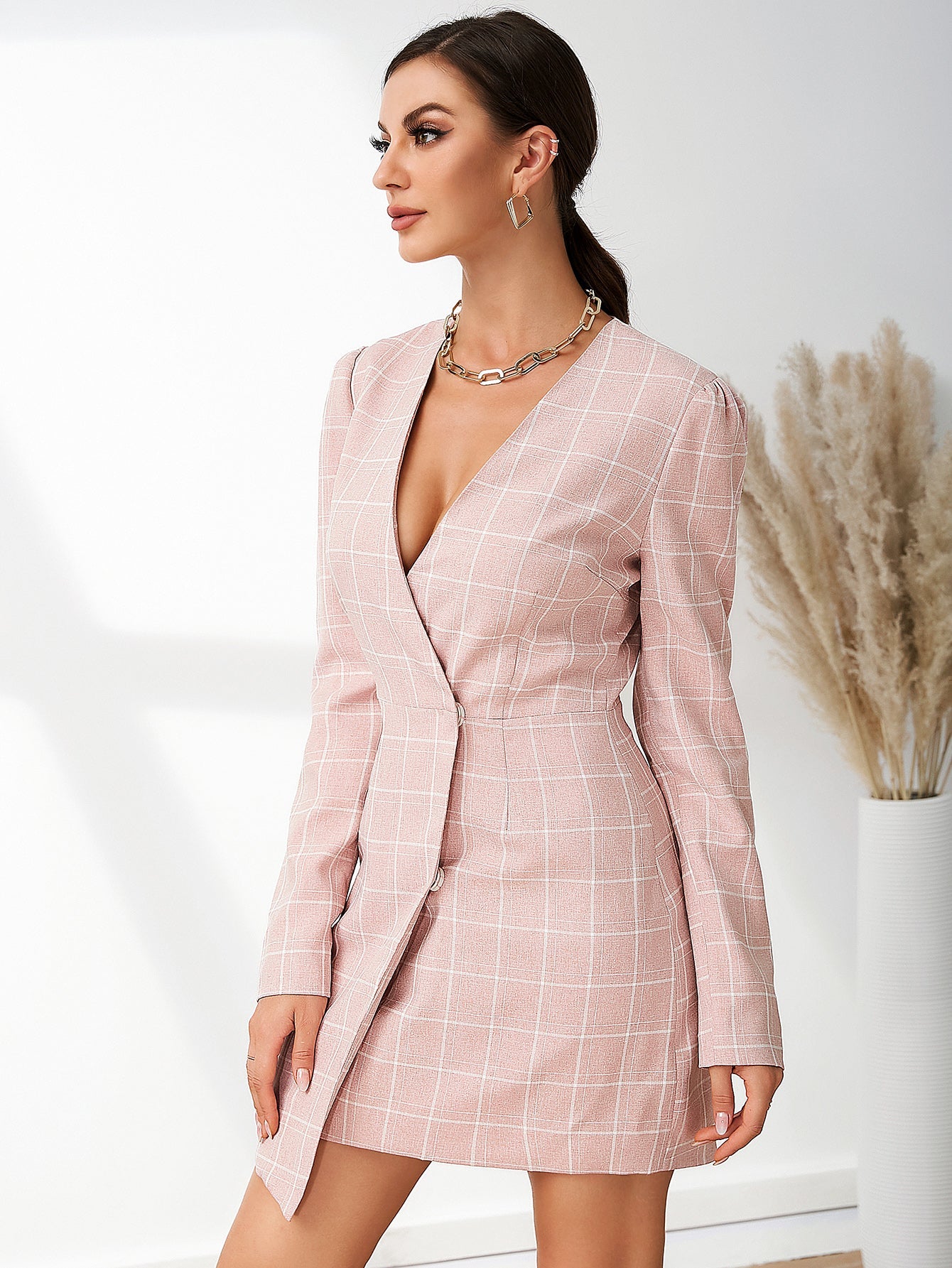 UNIQUE21 Windowpane Print Asymmetrical Hem Wrap Dress