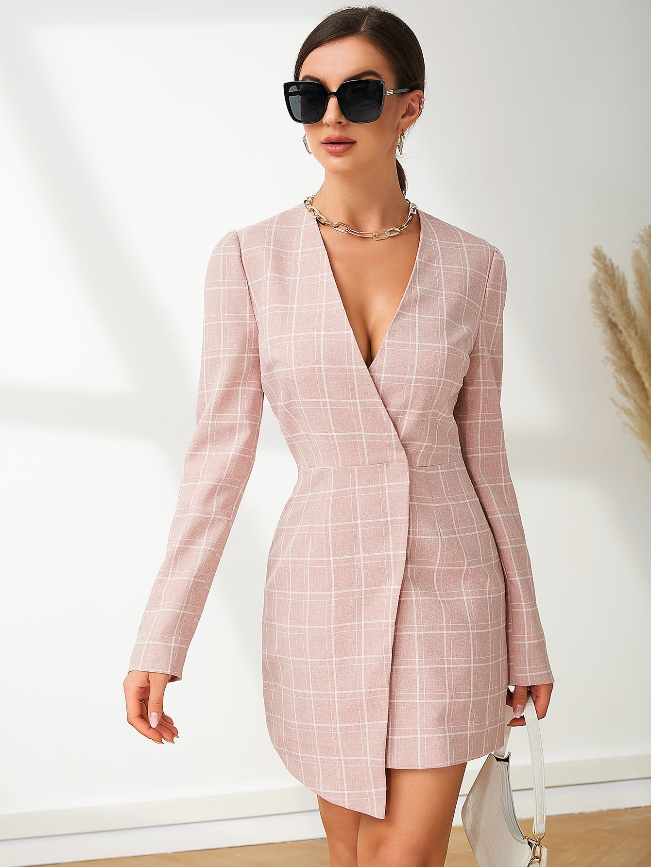 UNIQUE21 Windowpane Print Asymmetrical Hem Wrap Dress