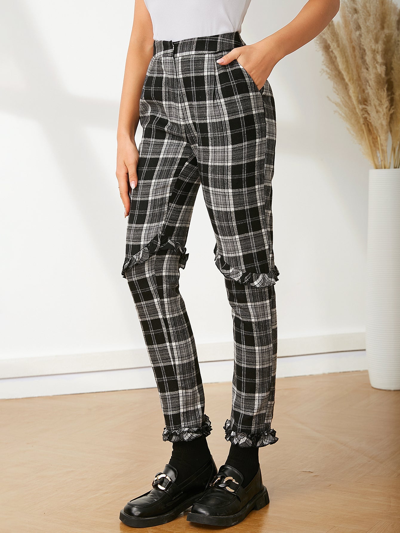 UNIQUE21 High Waist Tartan Print Frill Trim Pants