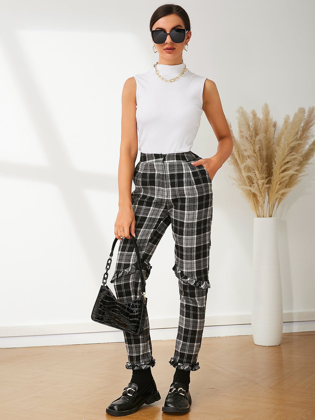 UNIQUE21 High Waist Tartan Print Frill Trim Pants