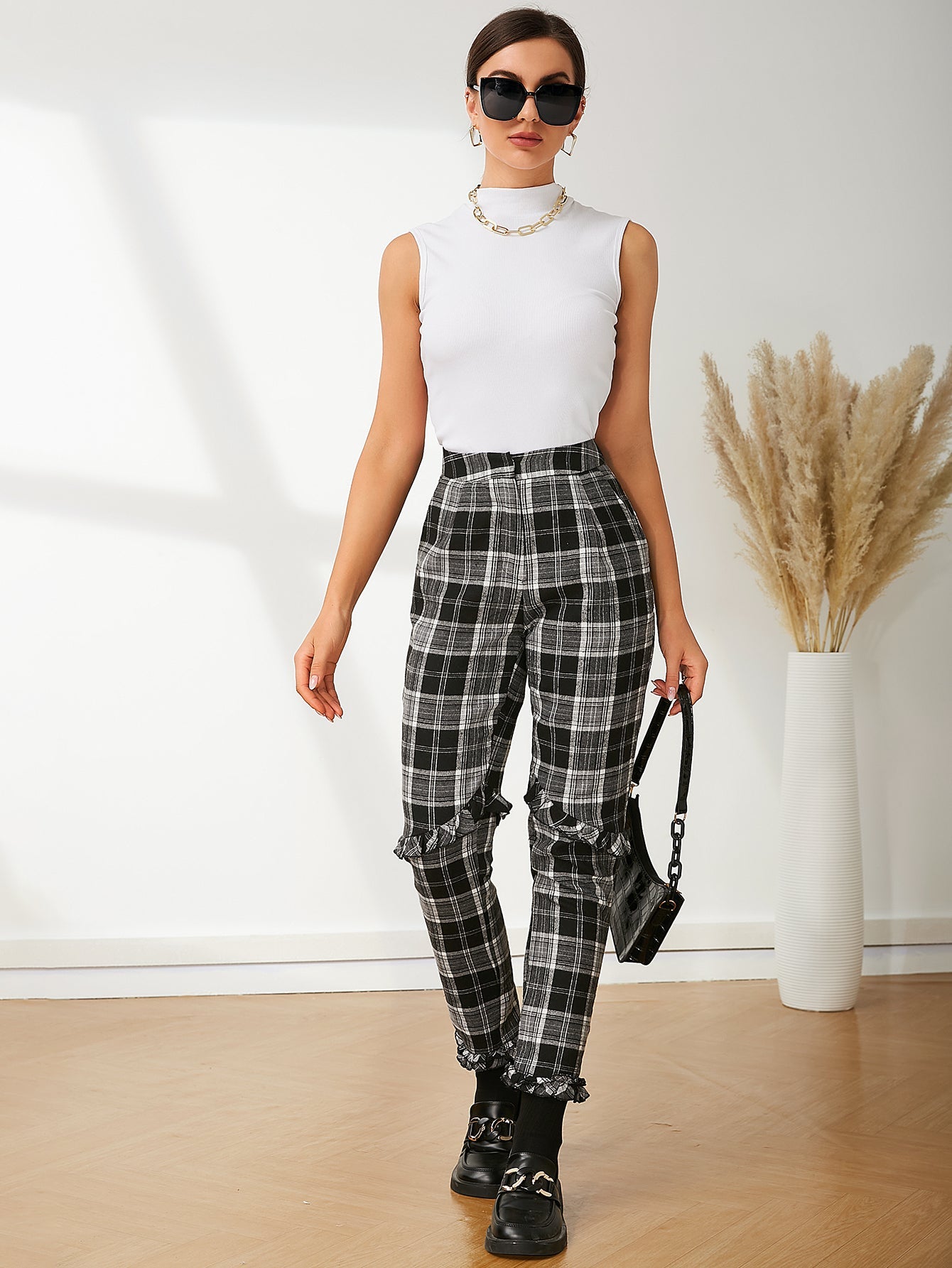 UNIQUE21 High Waist Tartan Print Frill Trim Pants