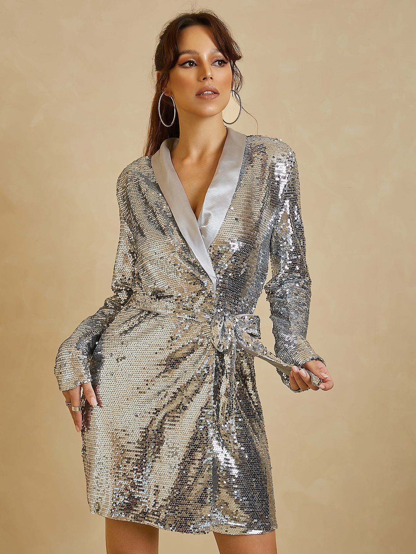 UNIQUE21 Shawl Collar Belted Sequins Blazer Dress