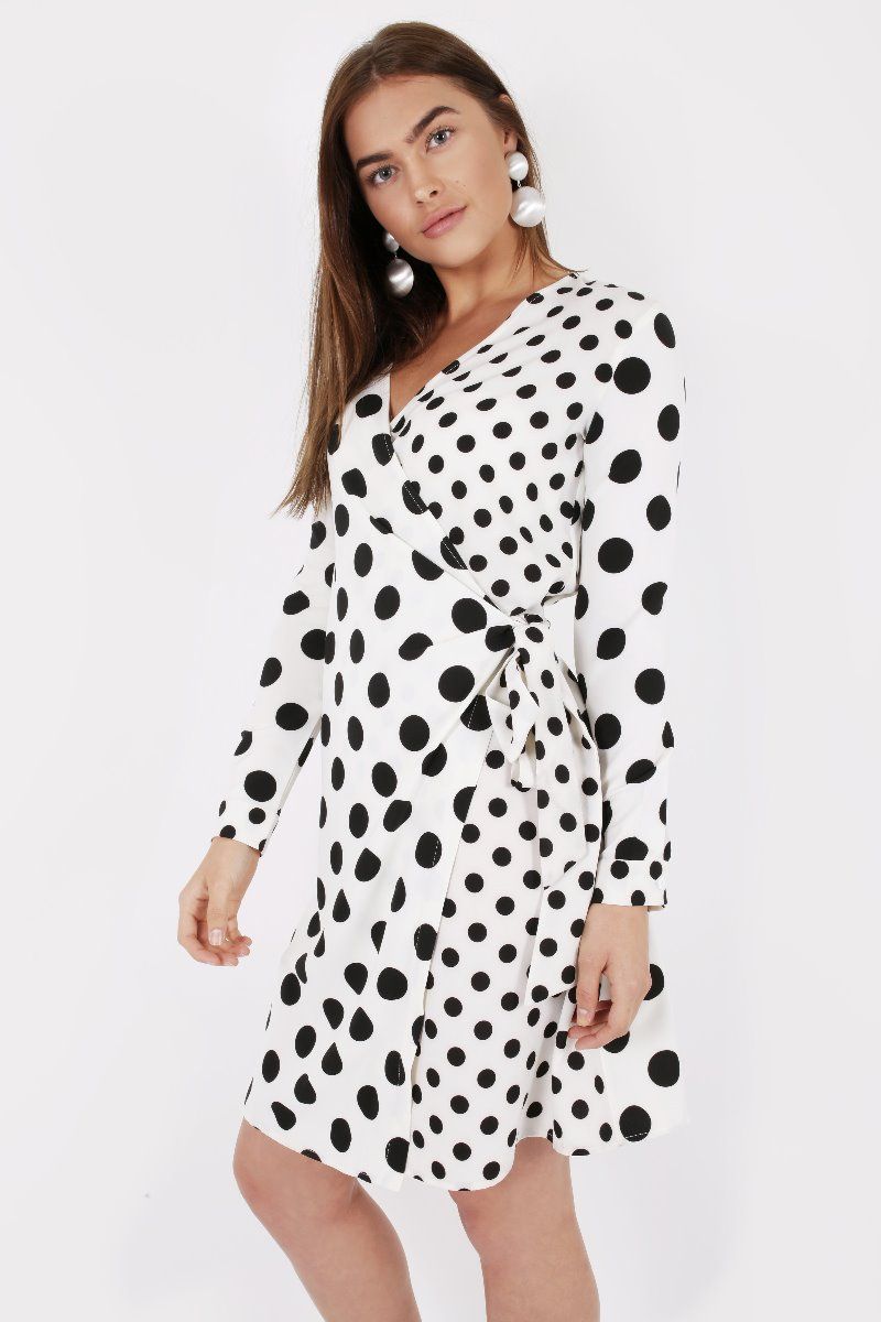 WHITE POLKA WRAP DRESS