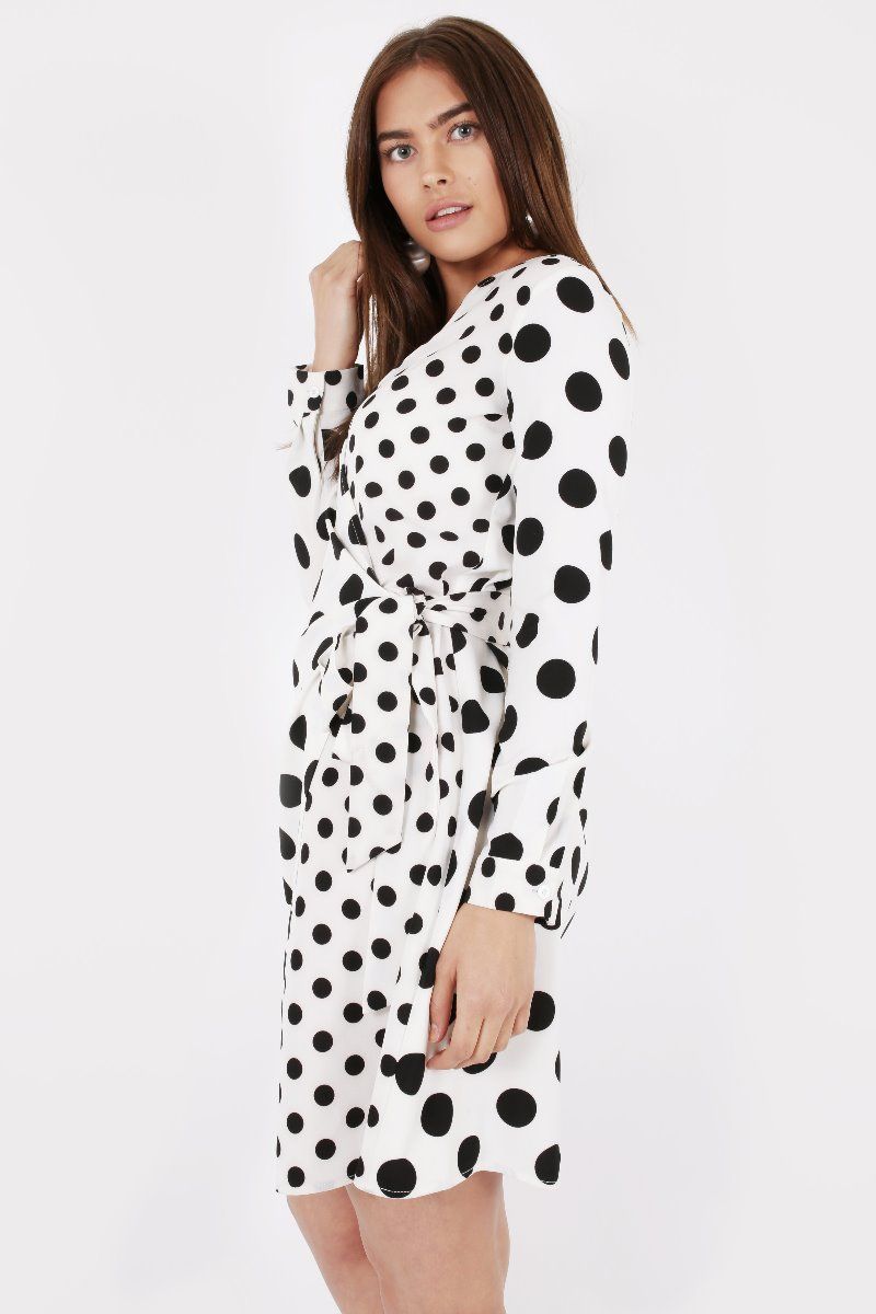 WHITE POLKA WRAP DRESS