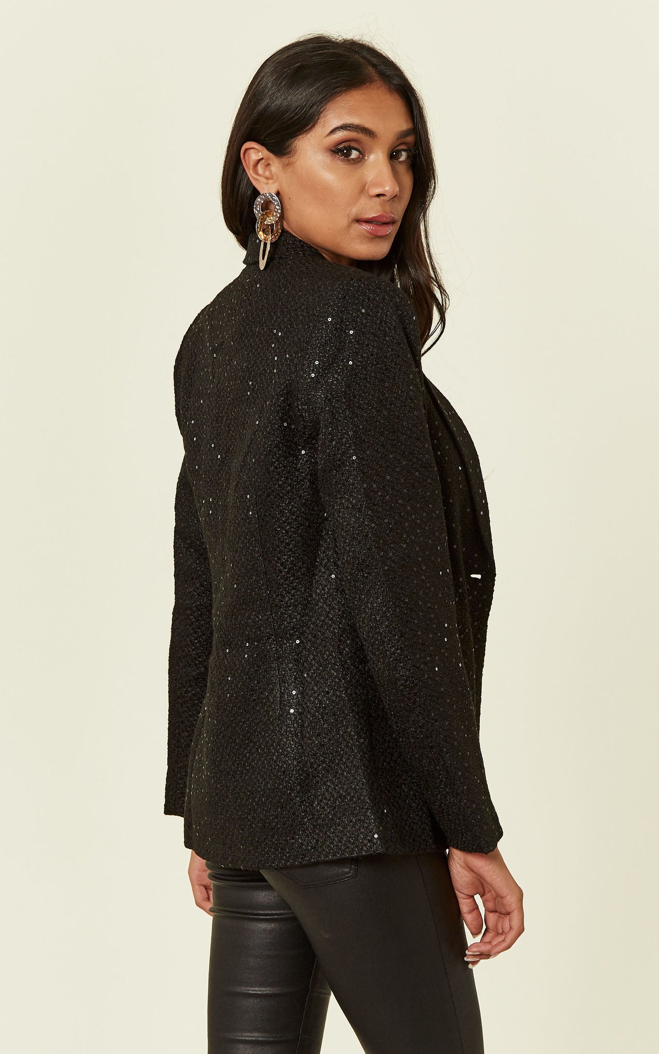 Black Long Sleeve Sequin Tweed Blazer