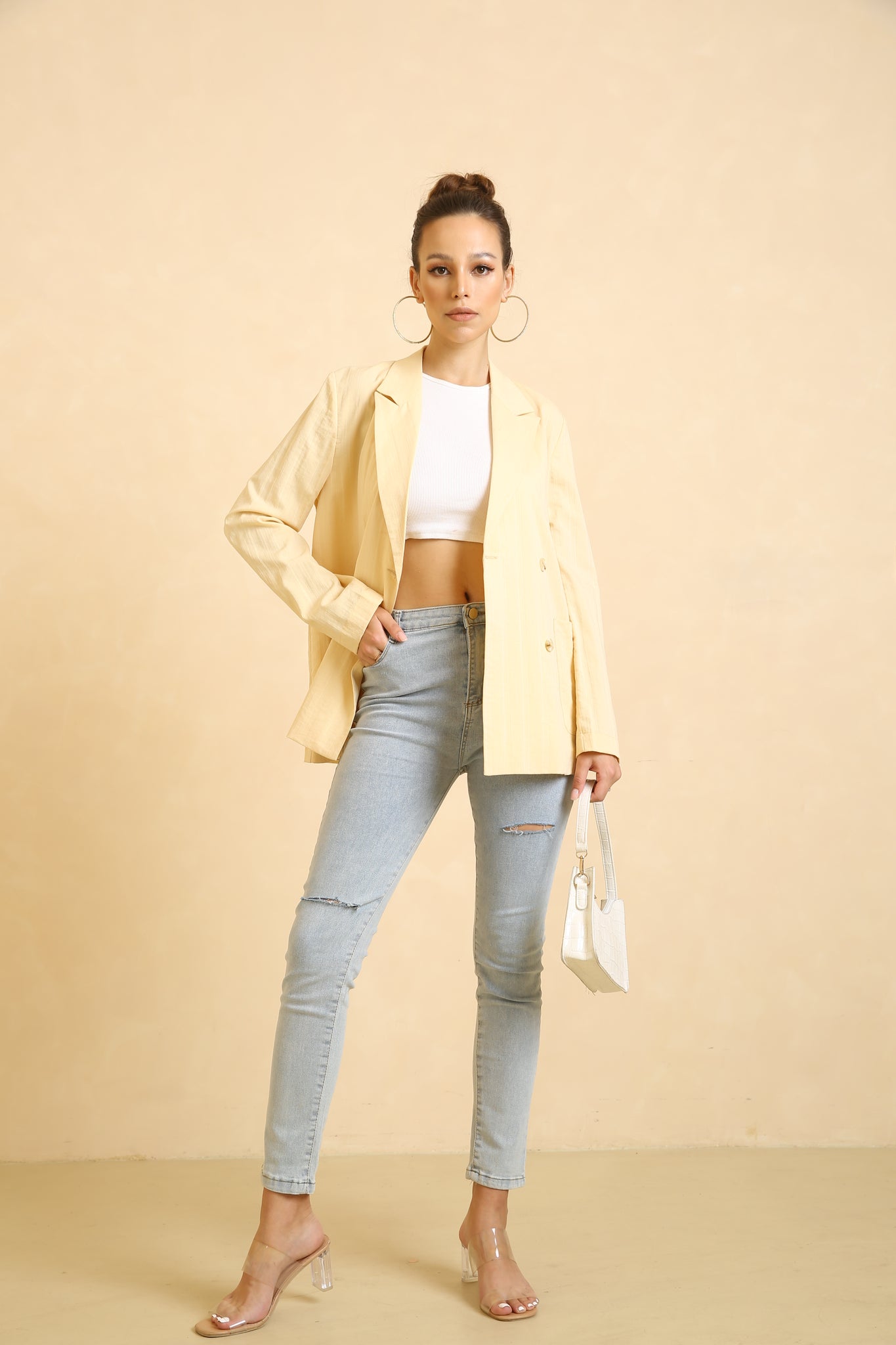 Yellow Casual Double Button V Neck Long Sleeve Blazer