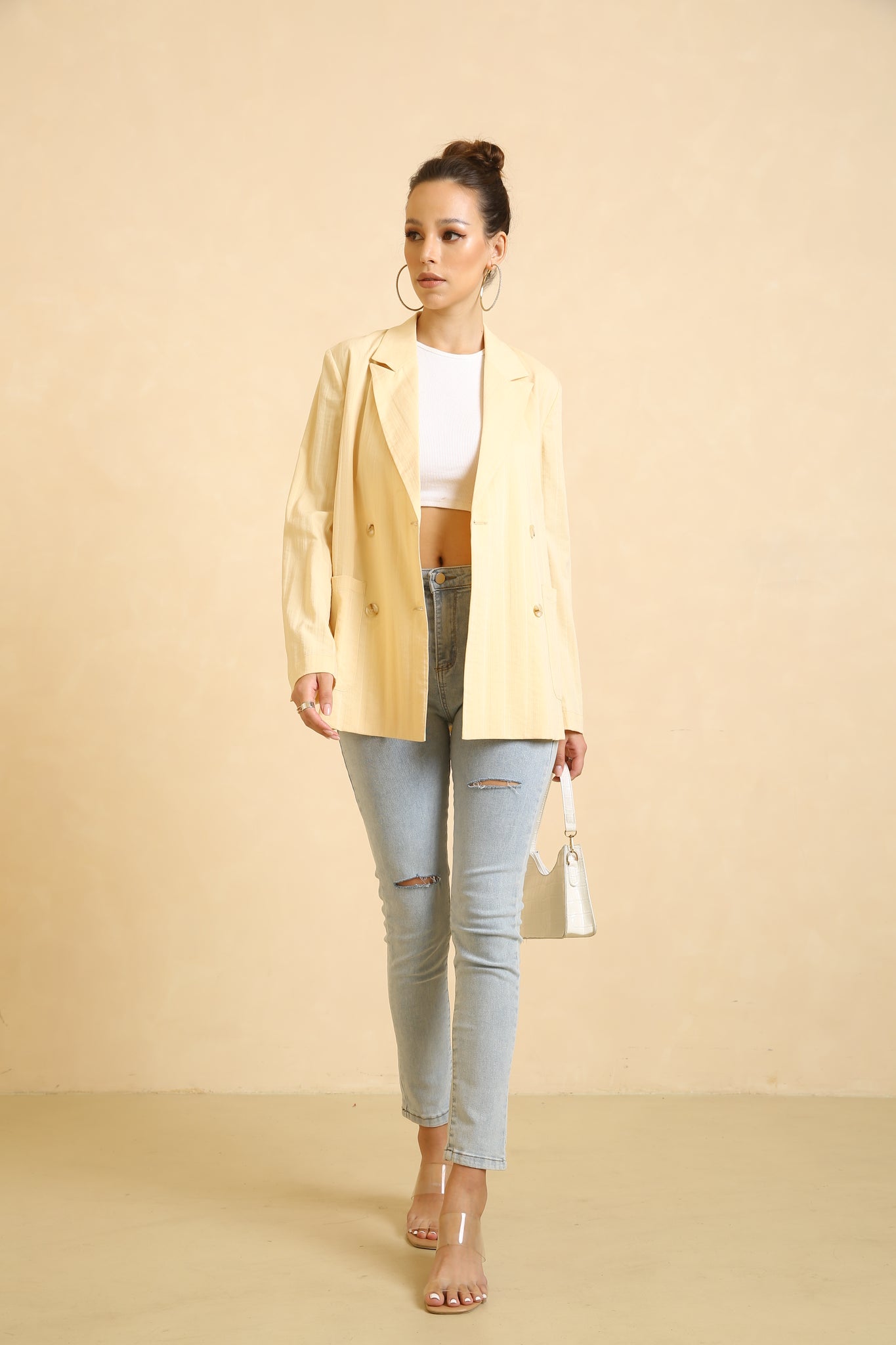 Yellow Casual Double Button V Neck Long Sleeve Blazer