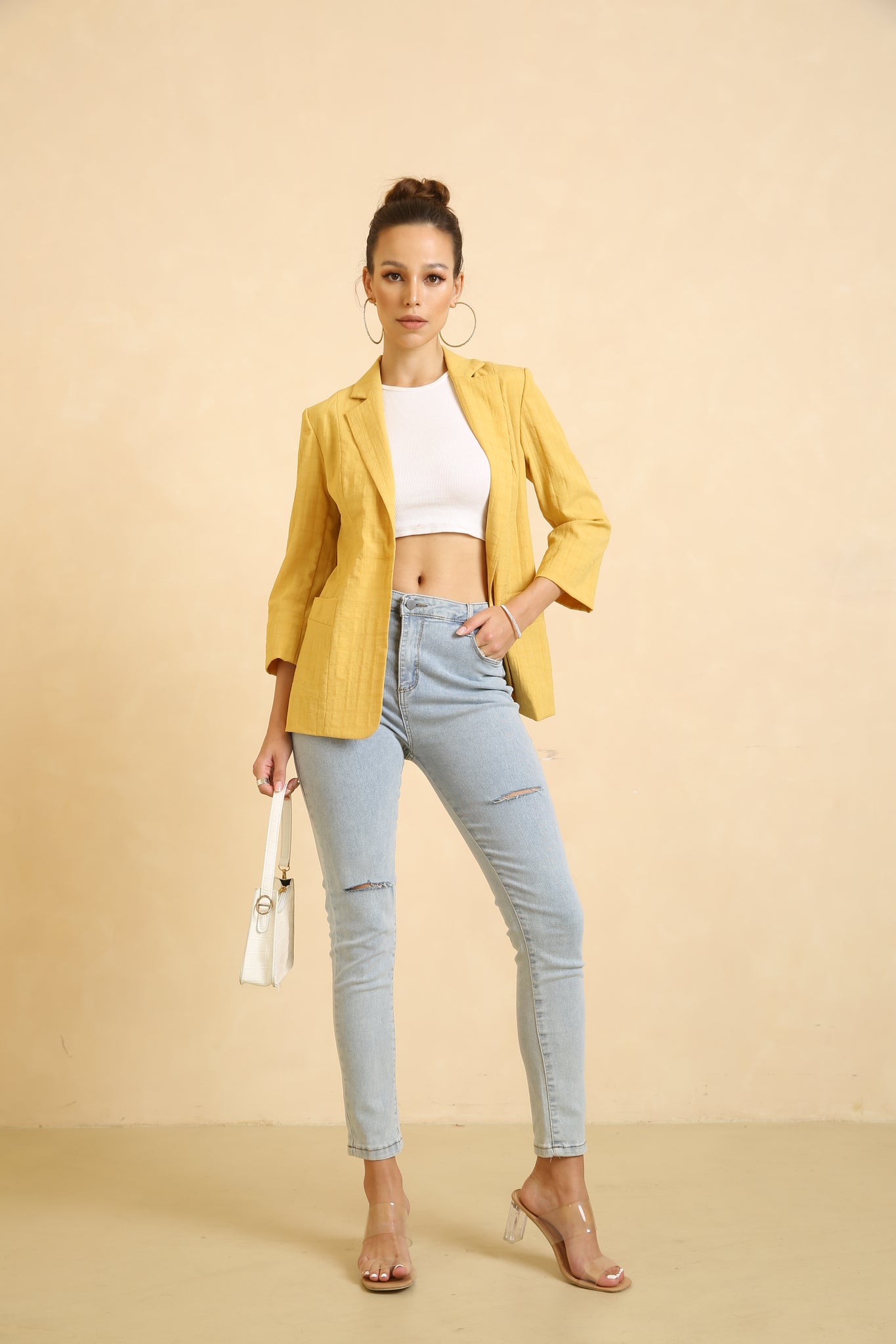 Yellow Casual Pocket V Neck Long Sleeve Blazer