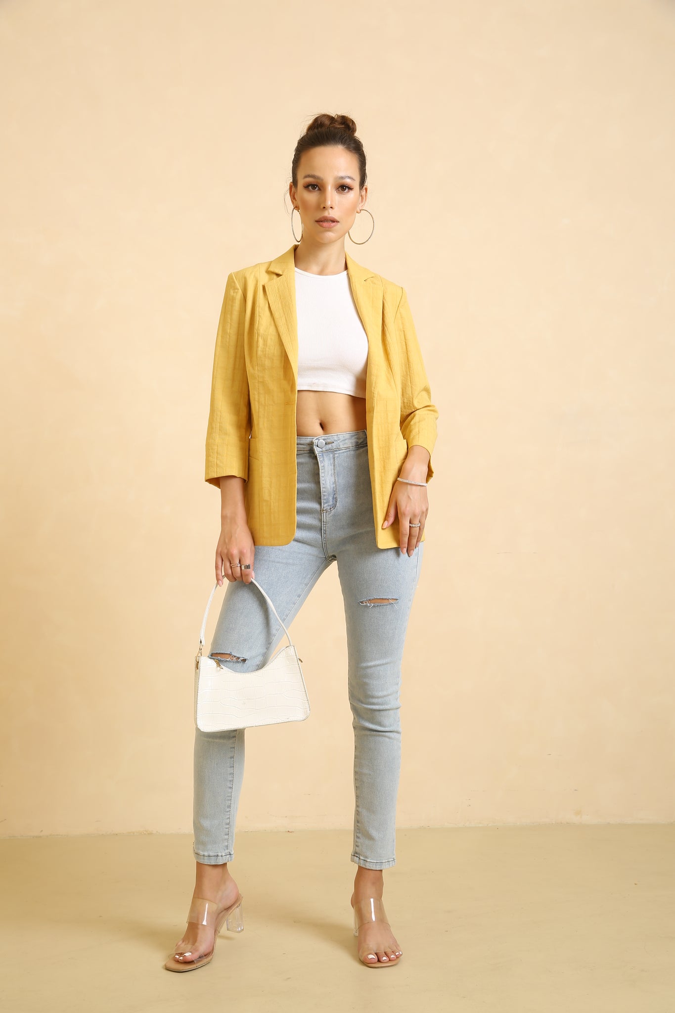 Yellow Casual Pocket V Neck Long Sleeve Blazer