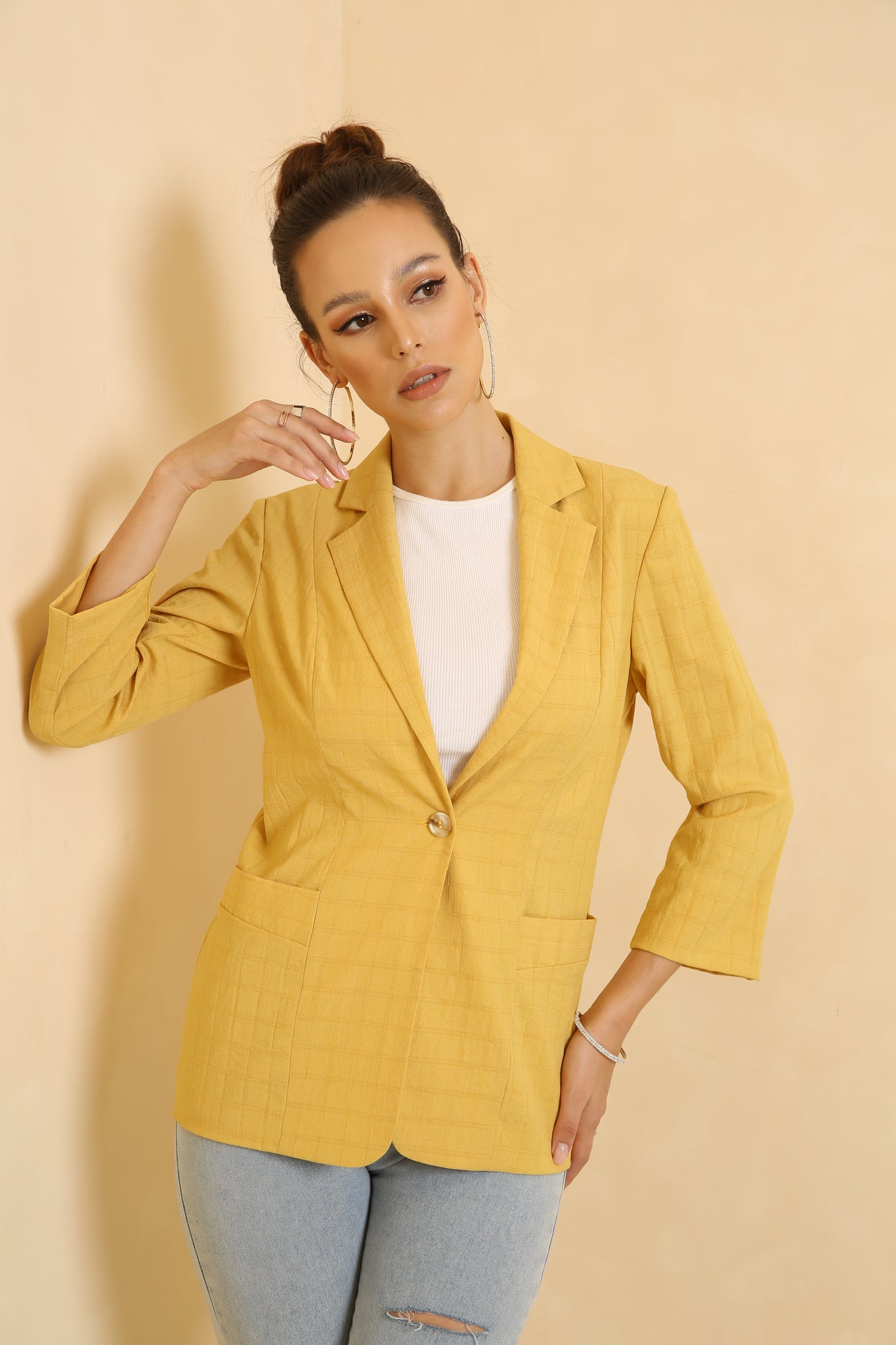 Yellow Casual Pocket V Neck Long Sleeve Blazer