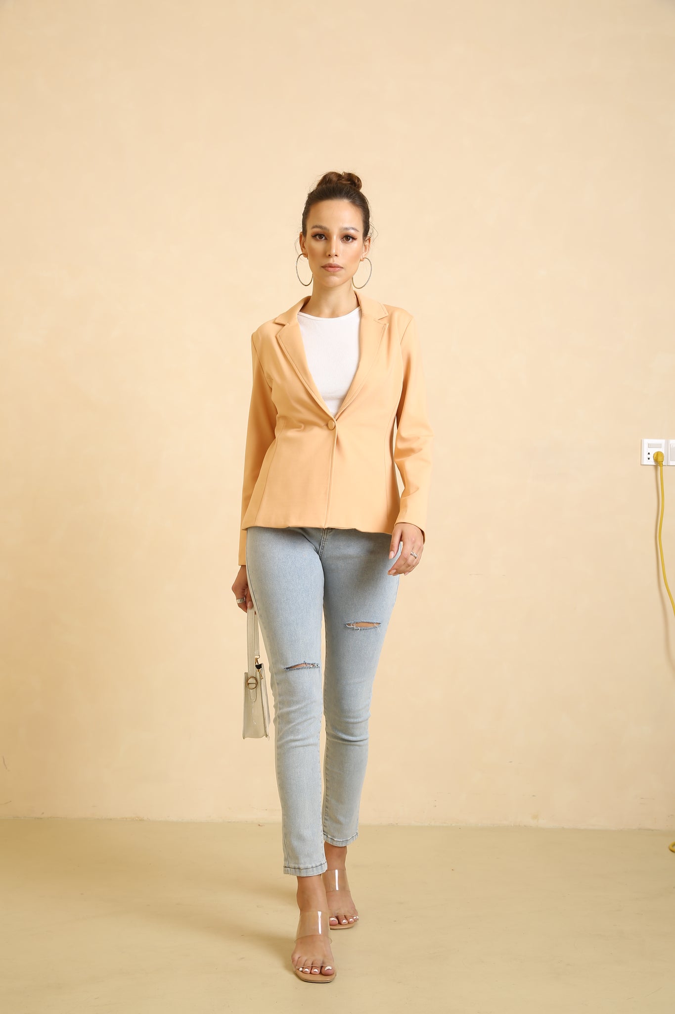 Beige Elegant Button Front V Neck Long Sleeve Blazer