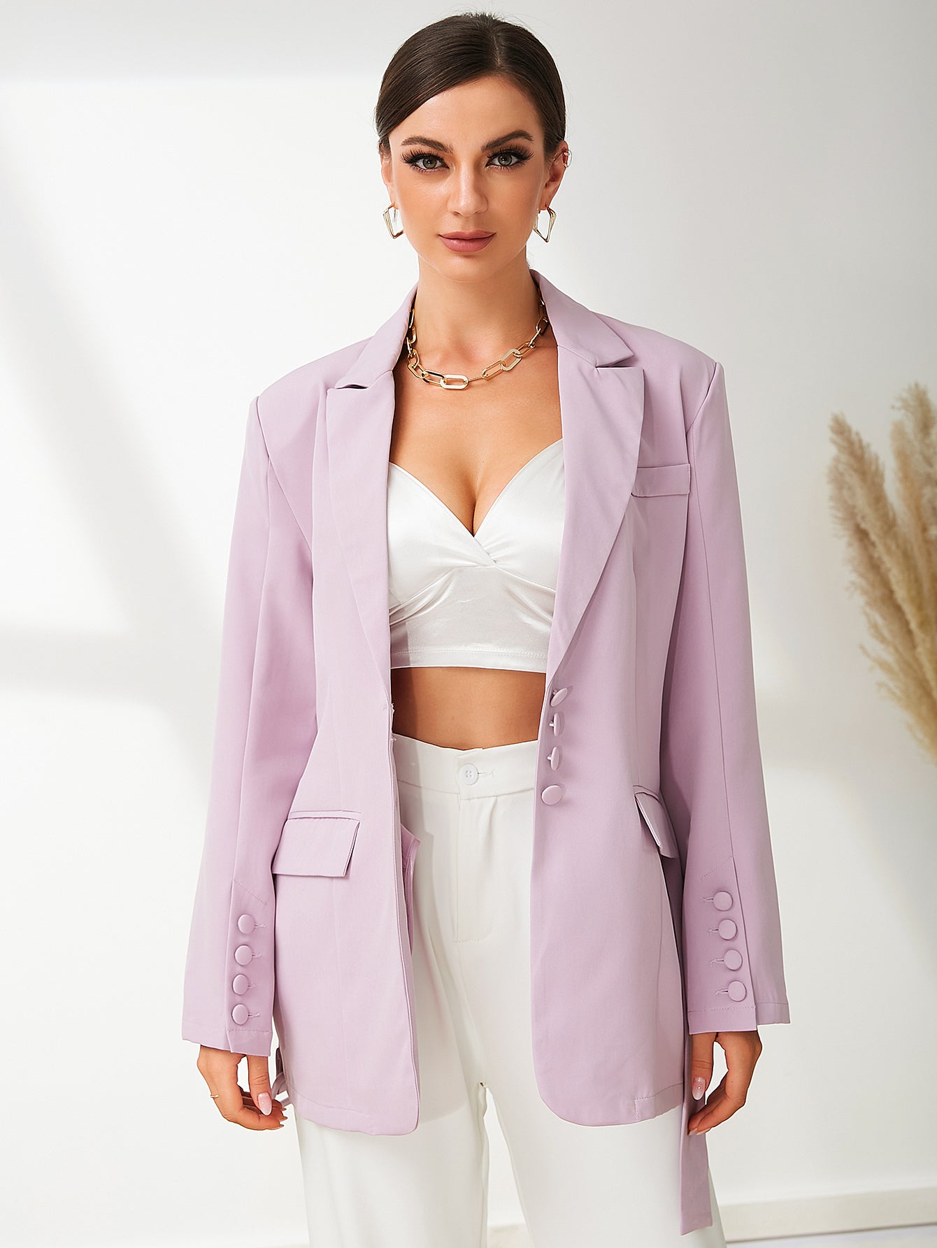 Lilac Elegant Belted V Neck Long Sleeve Blazer