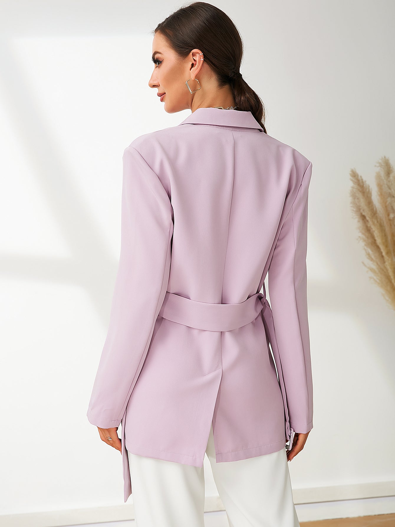 Lilac Elegant Belted V Neck Long Sleeve Blazer