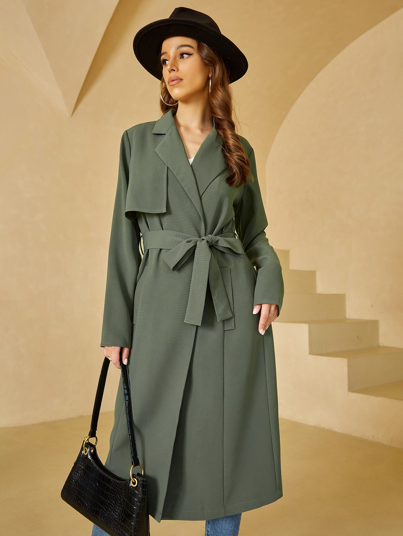 Green Casual Belted V Neck Long Sleeve Coat