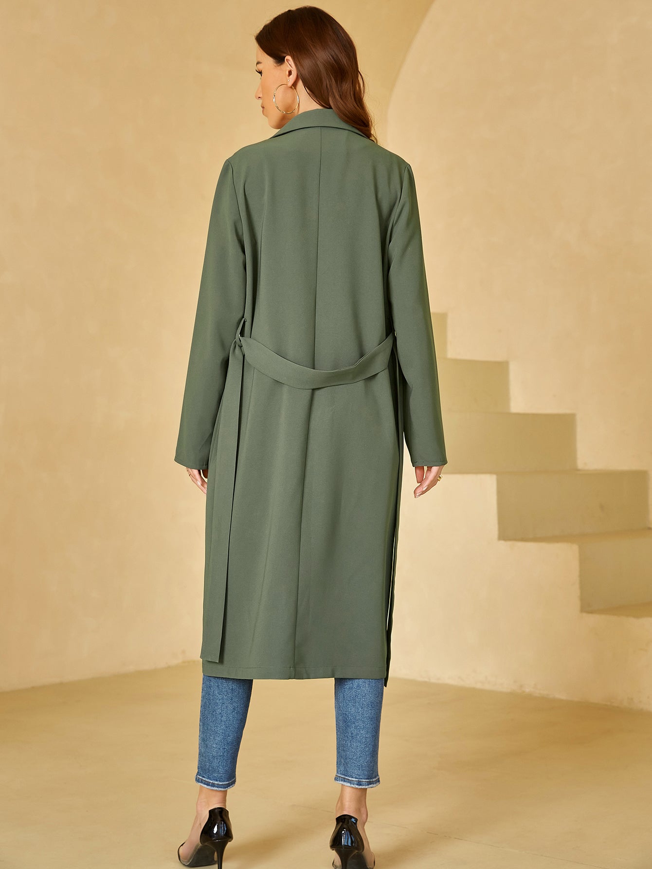 Green Casual Belted V Neck Long Sleeve Coat