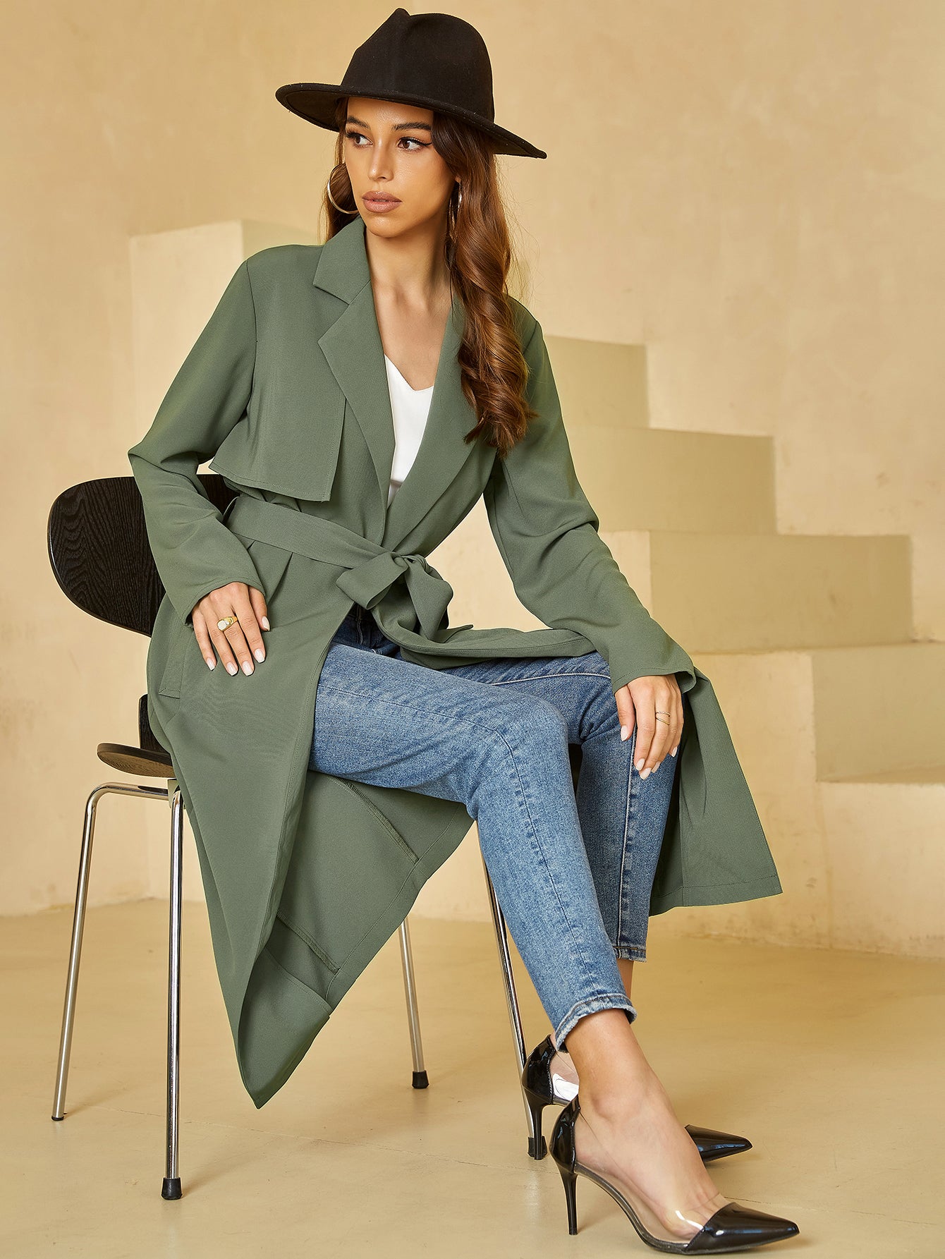 Green Casual Belted V Neck Long Sleeve Coat