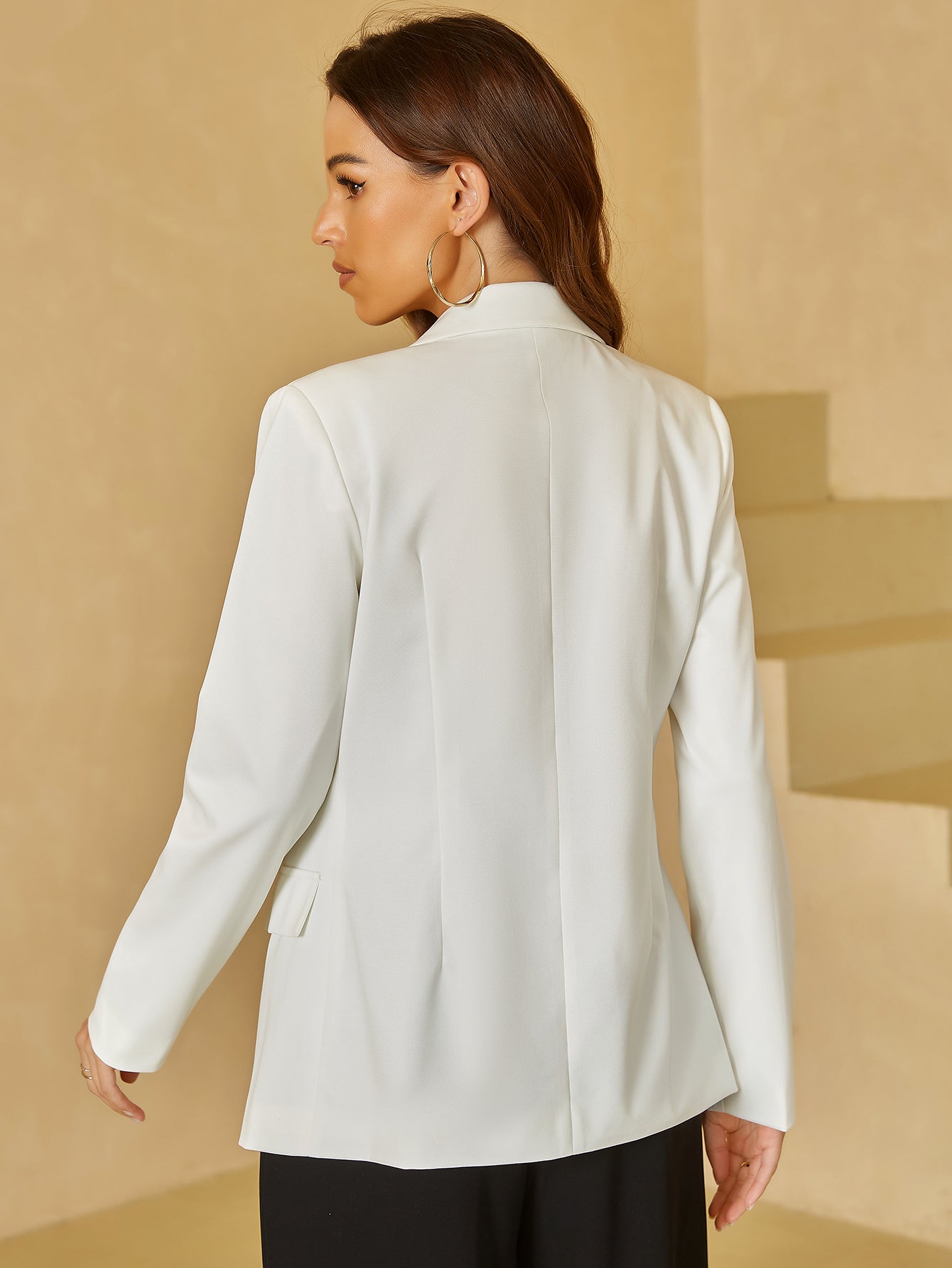 White Casual Button Front V Neck Long Sleeve Blazer