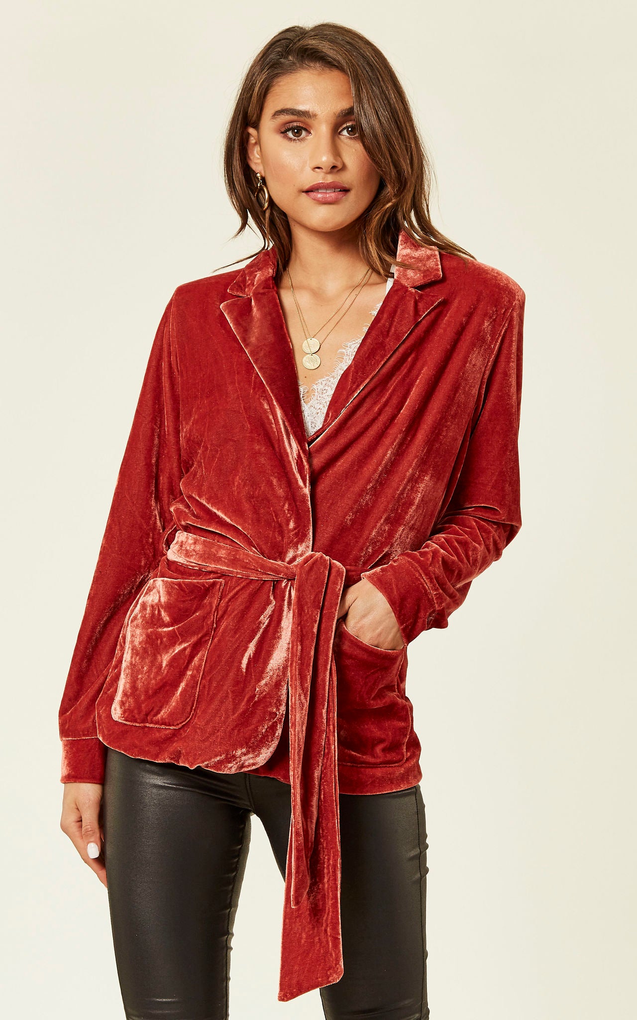 Red Long Line Casual Belted Velvet Blazer