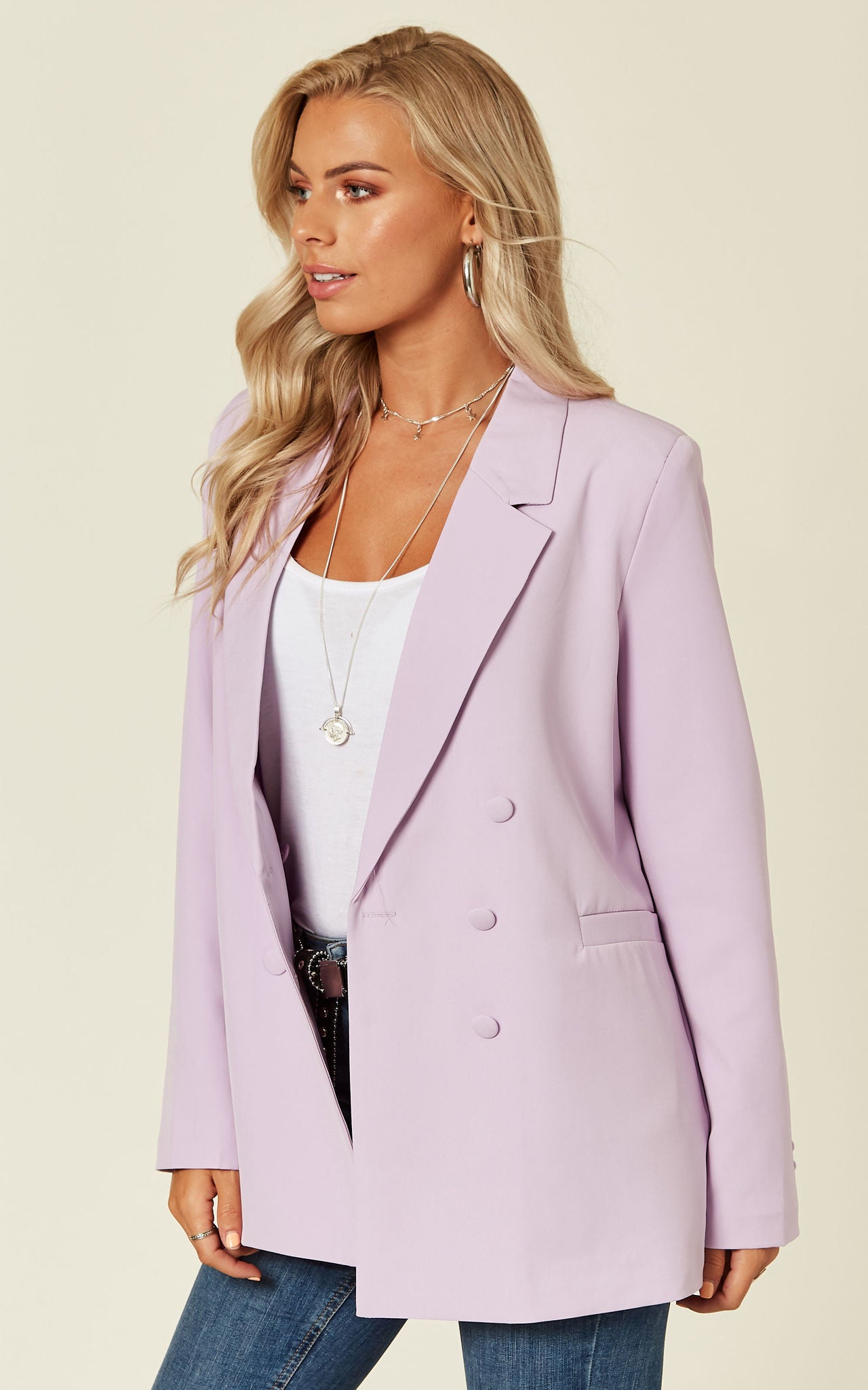 Lilac Over Sized Double Breasted Covered Button Blazer