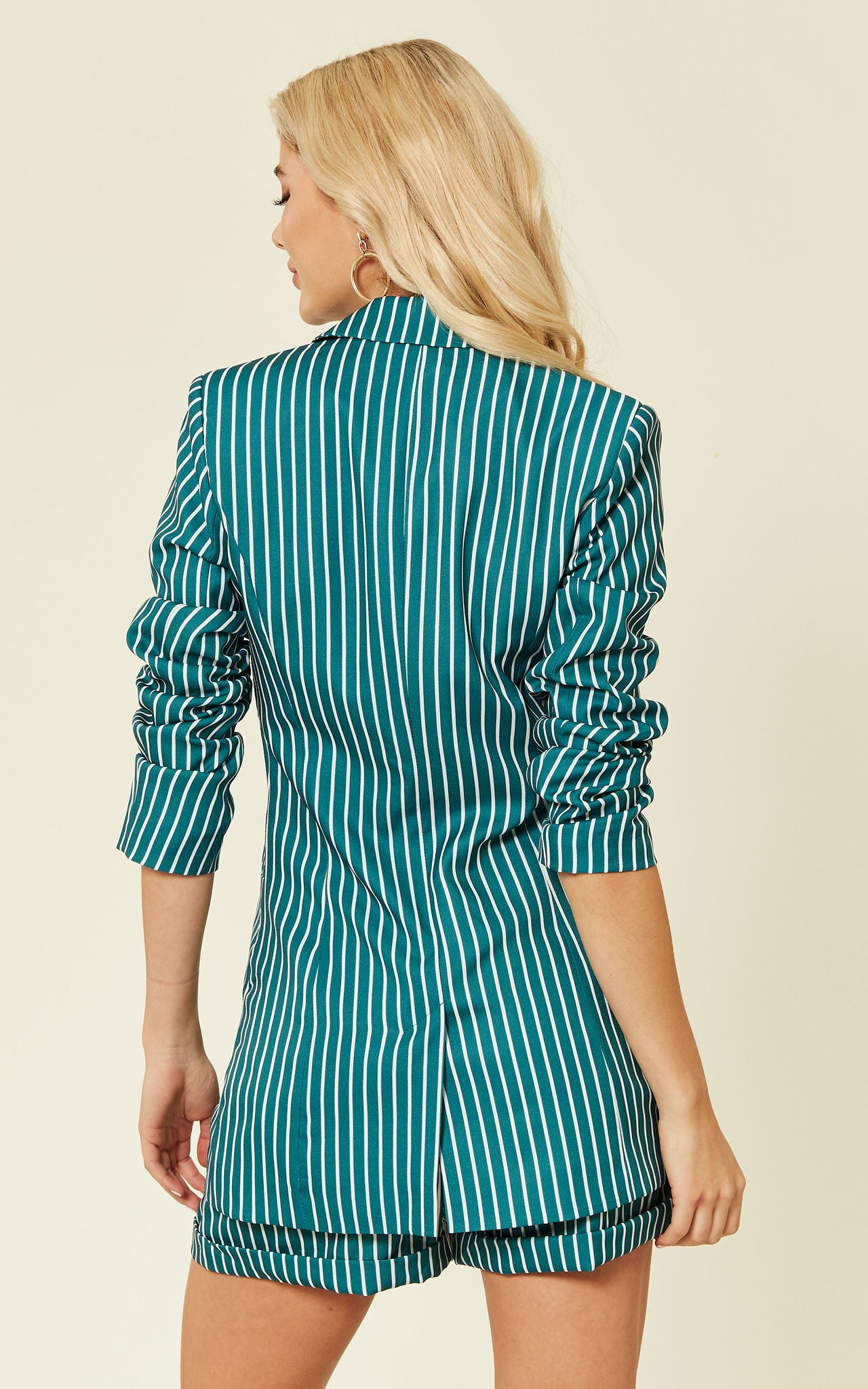 Green Stripe Long Sleeve Tailored Single Button Blazer