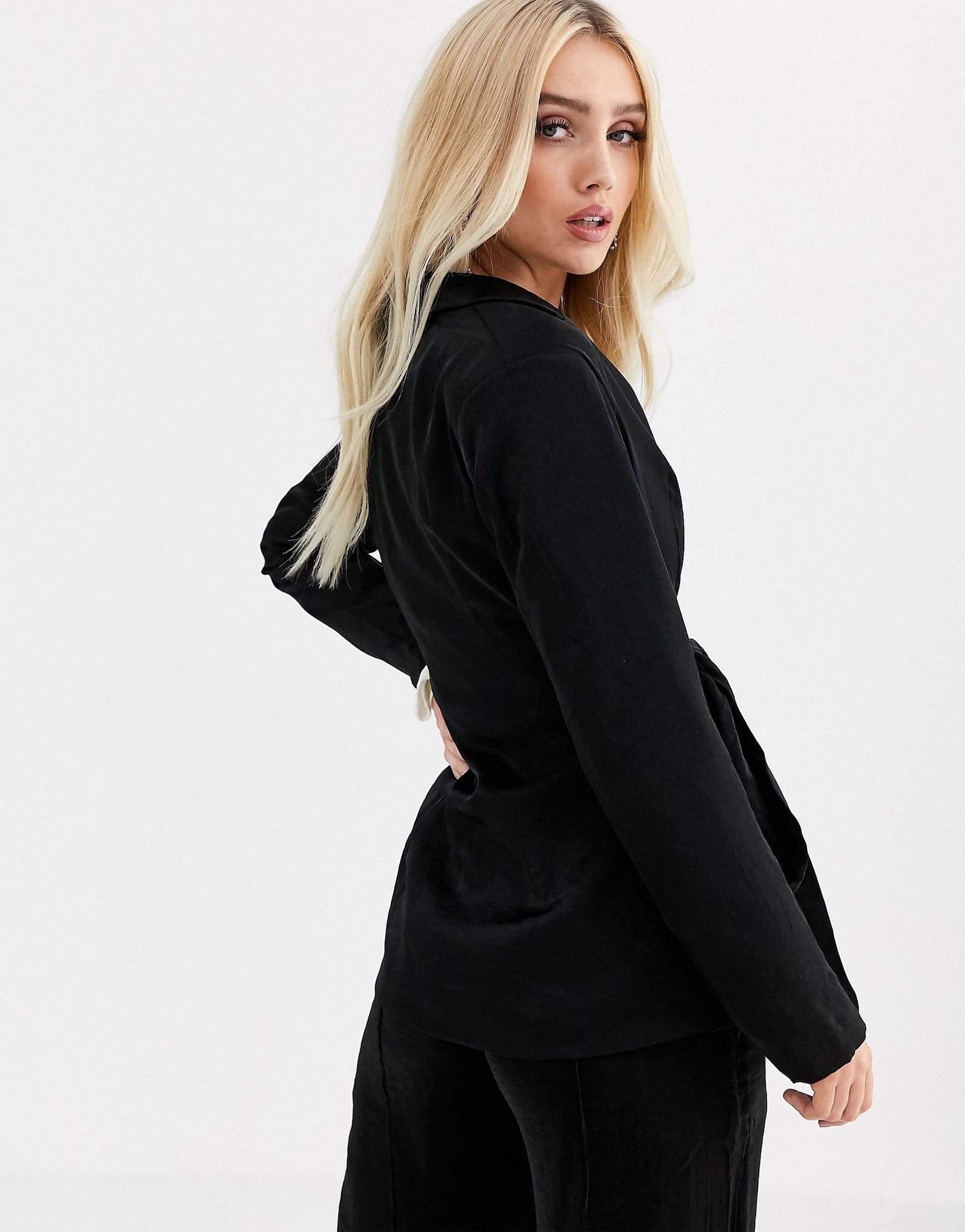 Black Relaxed Blazer with Tie Waist in Shimmer