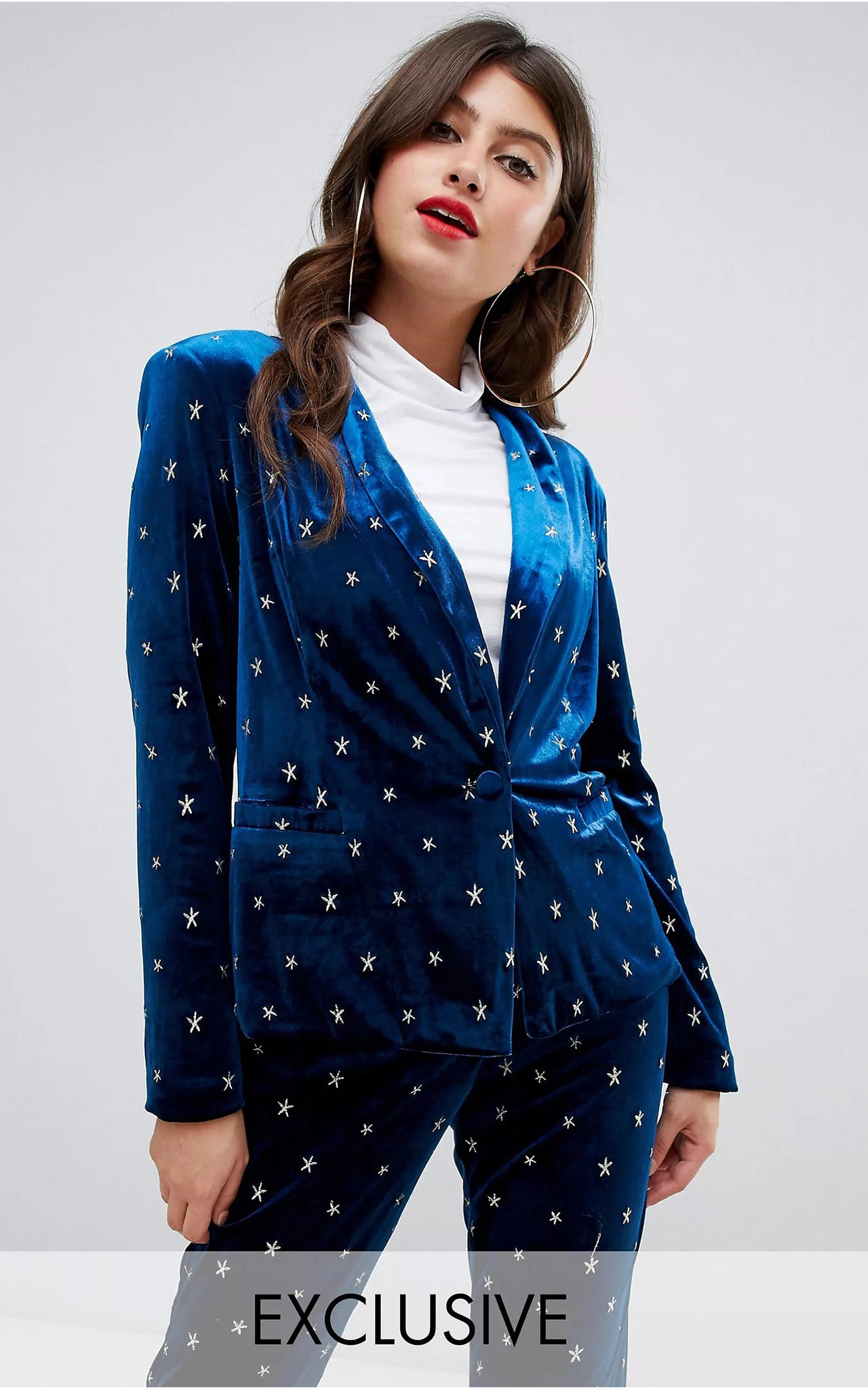 Navy Ble Velvet Fitted Blazer with Stars Embroidery