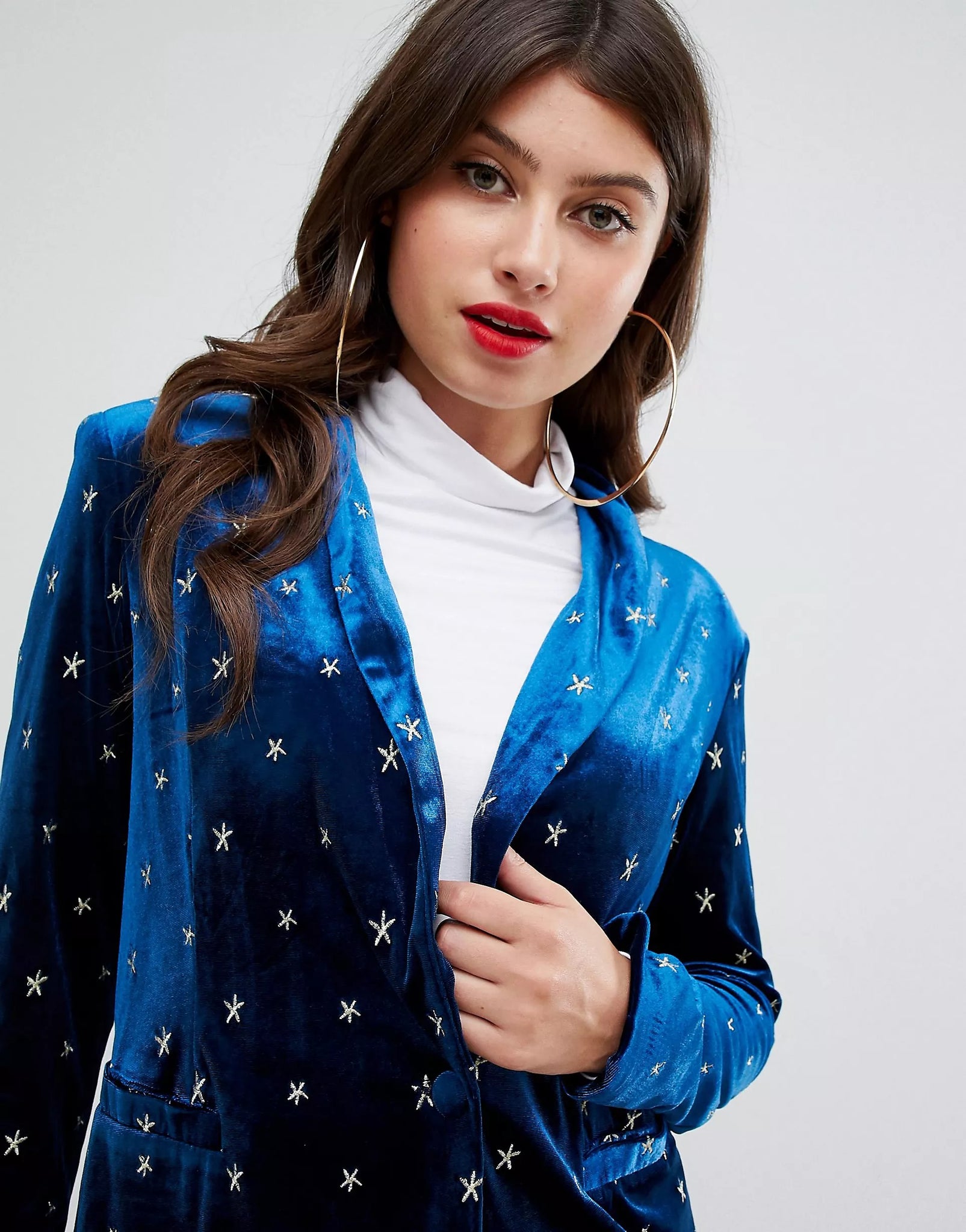 Navy Ble Velvet Fitted Blazer with Stars Embroidery