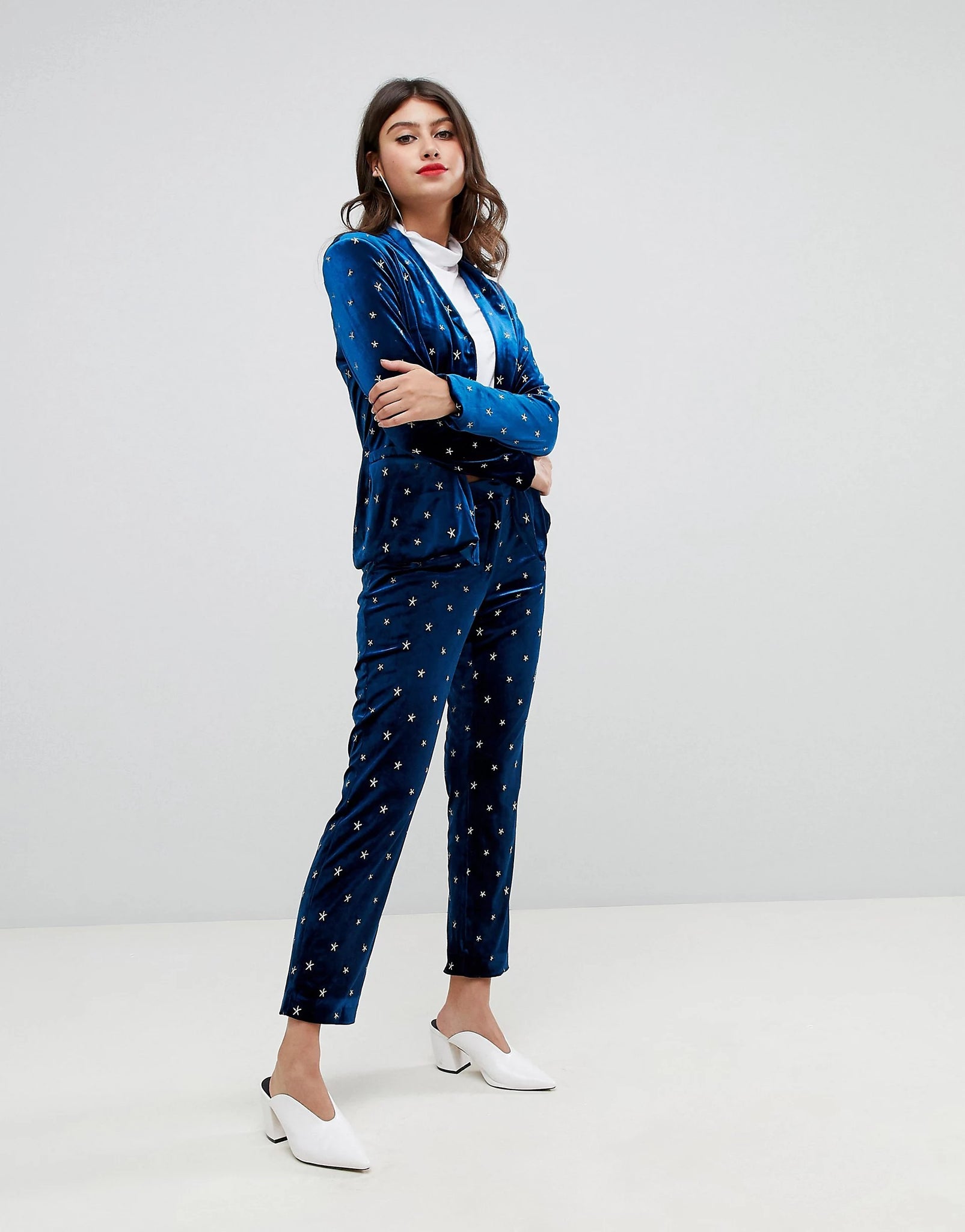 Navy Ble Velvet Fitted Blazer with Stars Embroidery