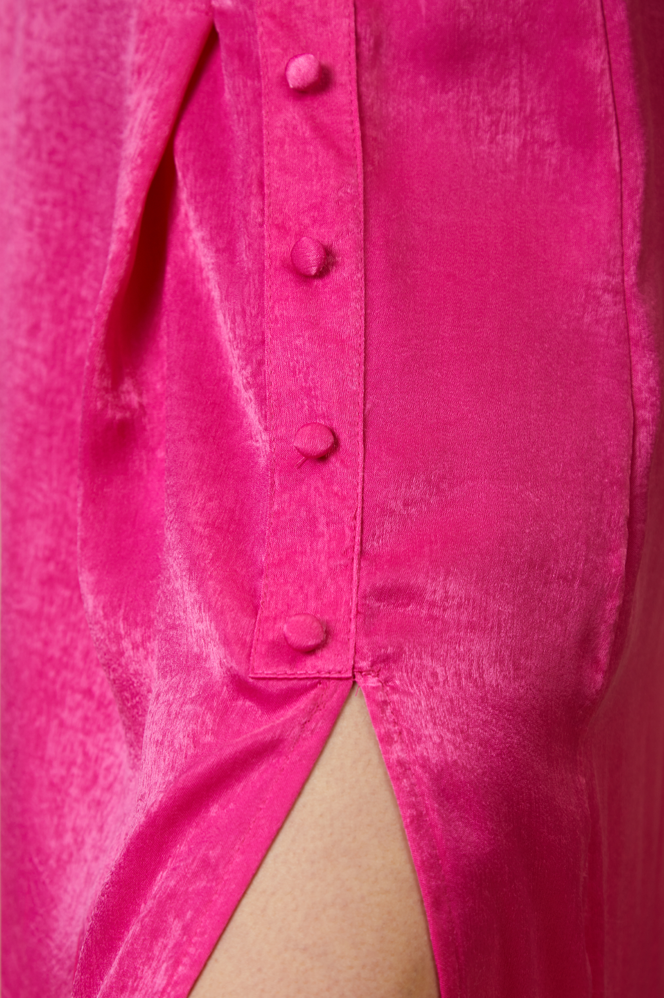 Hot Pink Satin Button Split Midi Skirt