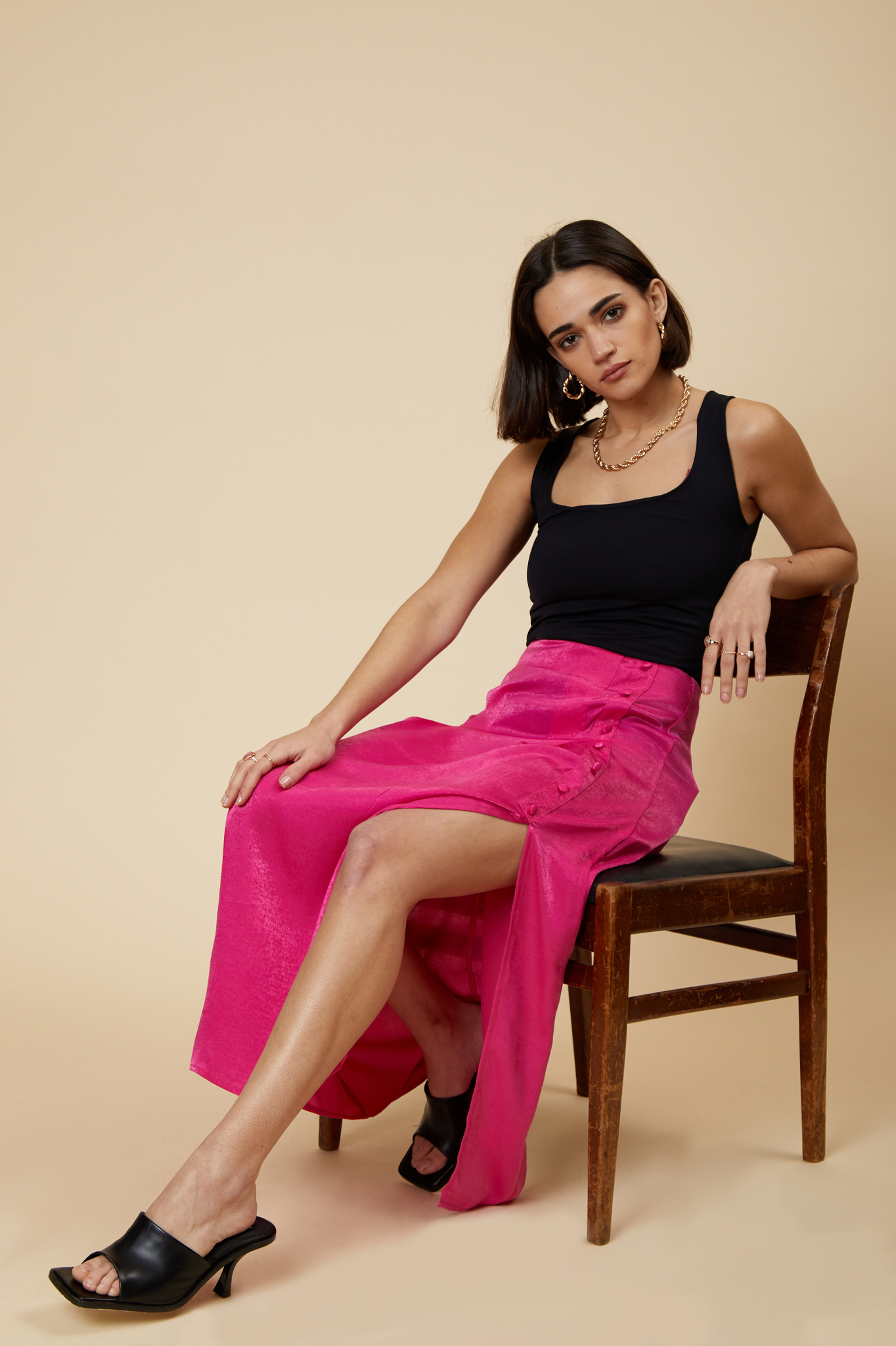 Hot Pink Satin Button Split Midi Skirt