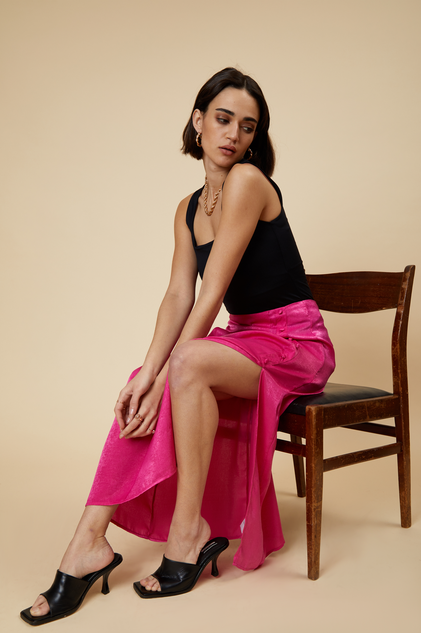 Hot Pink Satin Button Split Midi Skirt