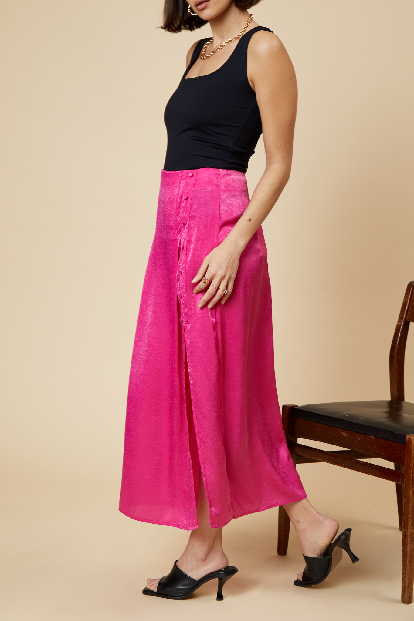 Hot Pink Satin Button Split Midi Skirt