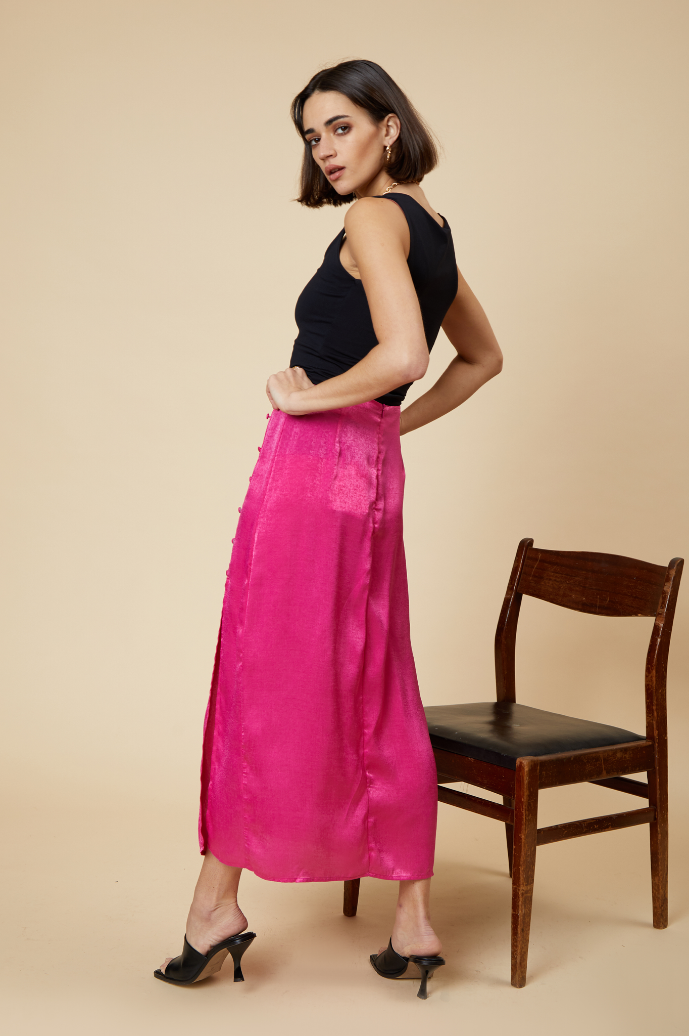 Hot Pink Satin Button Split Midi Skirt