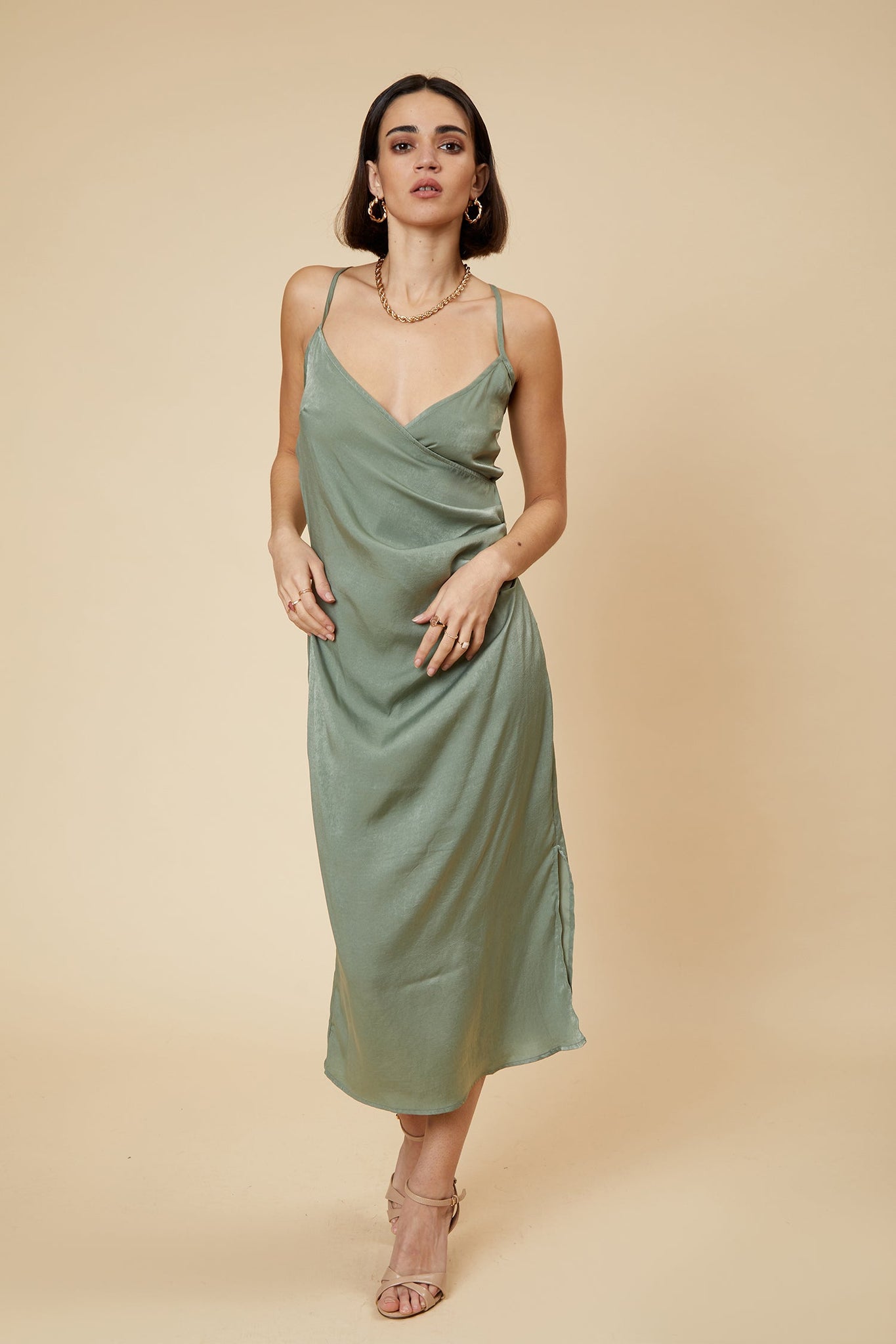 WRAP FRONT MIDI SATIN SLIP DRESS SAGE GREEN