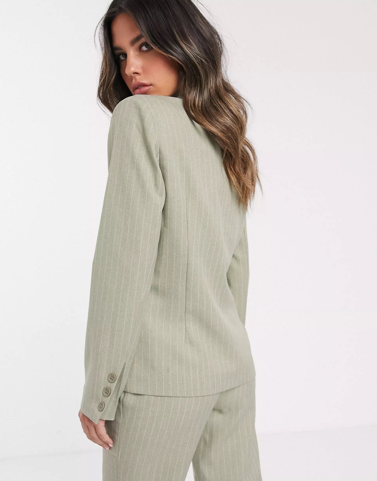 Sage D Ring Pinstripe Belted Blazer