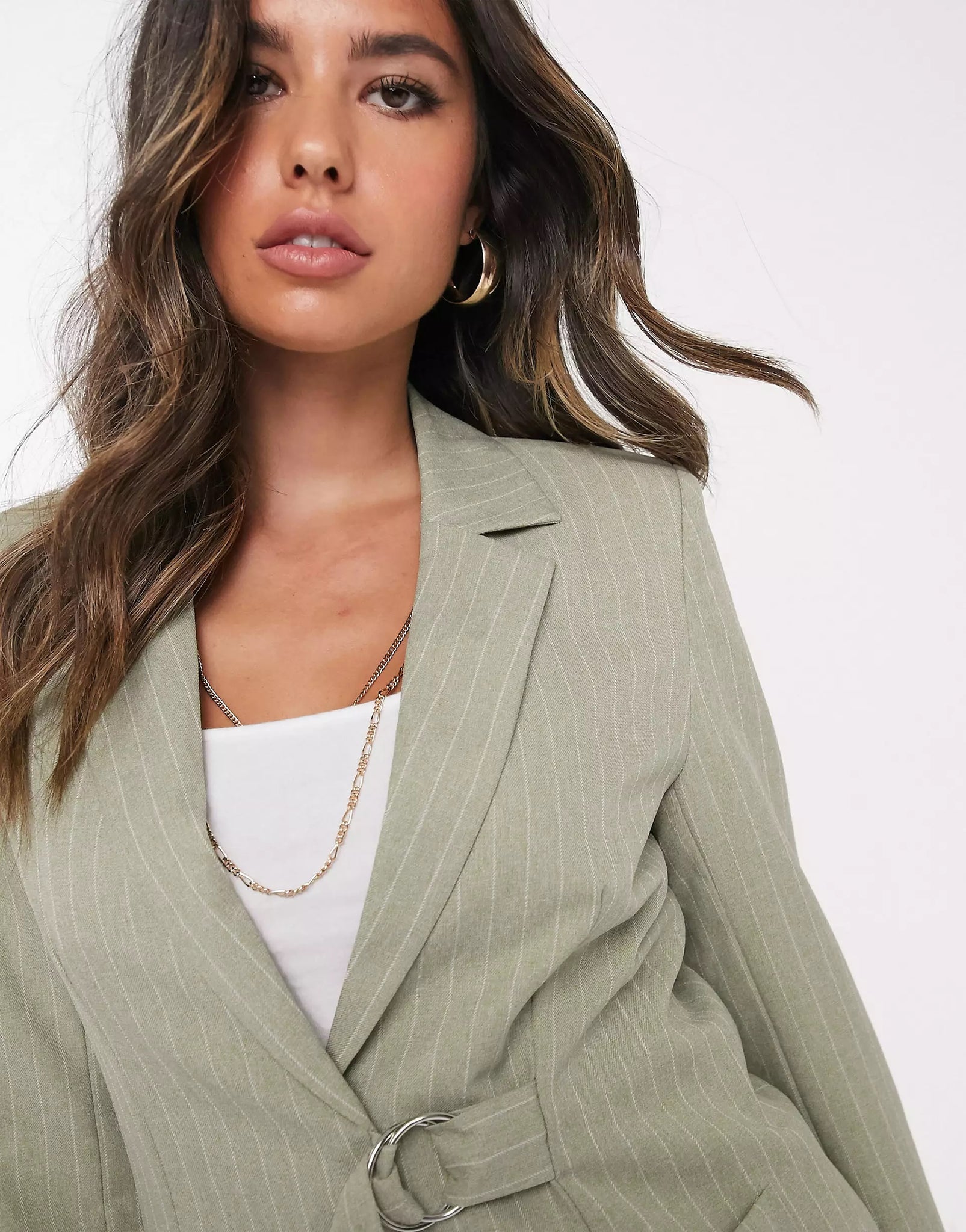 Sage D Ring Pinstripe Belted Blazer