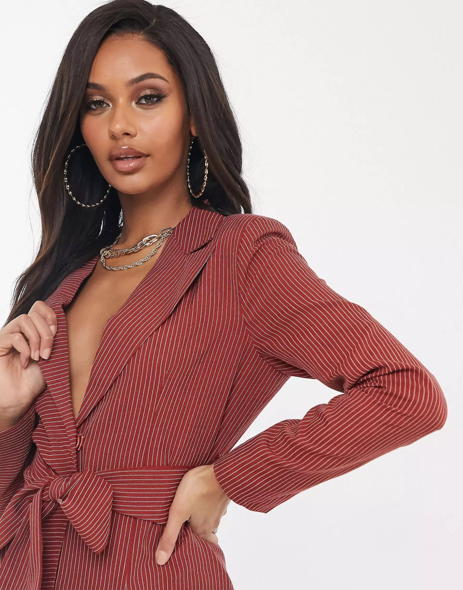 Rust Long Sleeve Belted Pinstripe Blazer