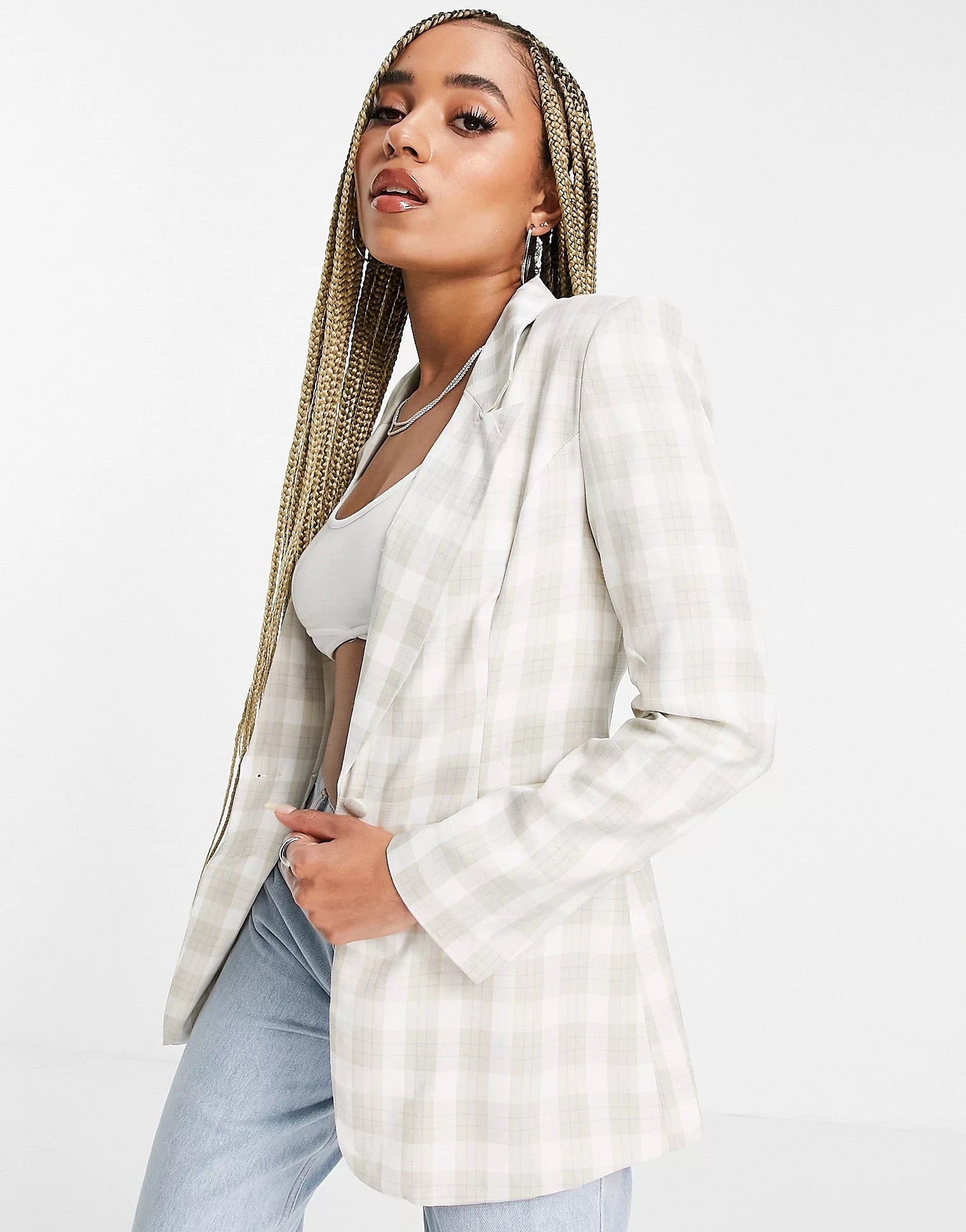 Beige Check Two Cover Button Pocket Detail Blazer