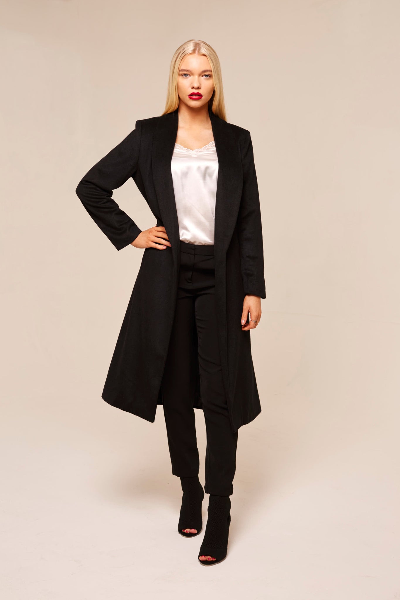 black longline wrap coat full view