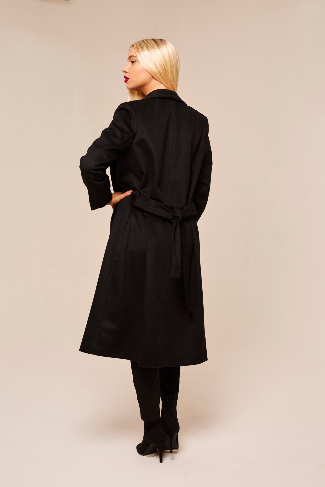 black longline wrap coat rear view