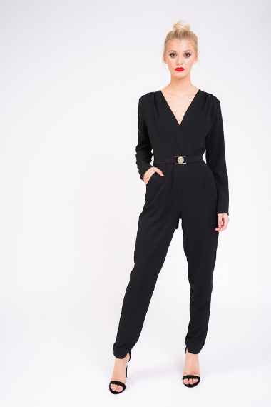 black tailored jumpsuit with gold buckle full view
