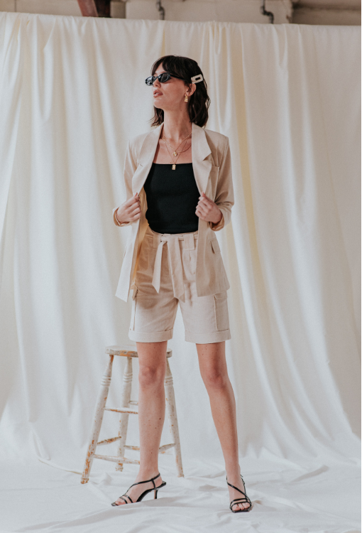 linen shorts and linen blazer