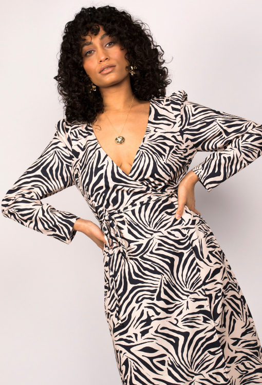 Zebra Print Puff Sleeve Wrap Midi Dress