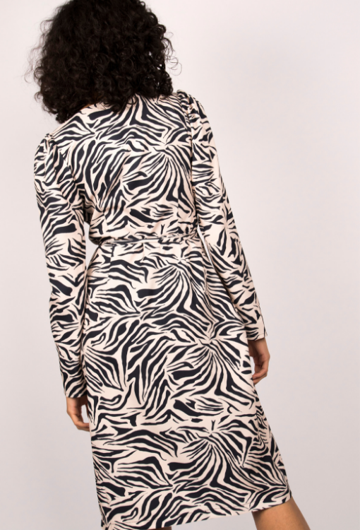 Zebra Print Puff Sleeve Wrap Midi Dress