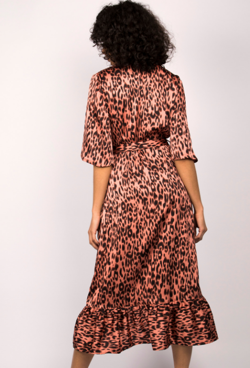 Pink Leopard Print Wrap Ruffle Midi Slip Dress