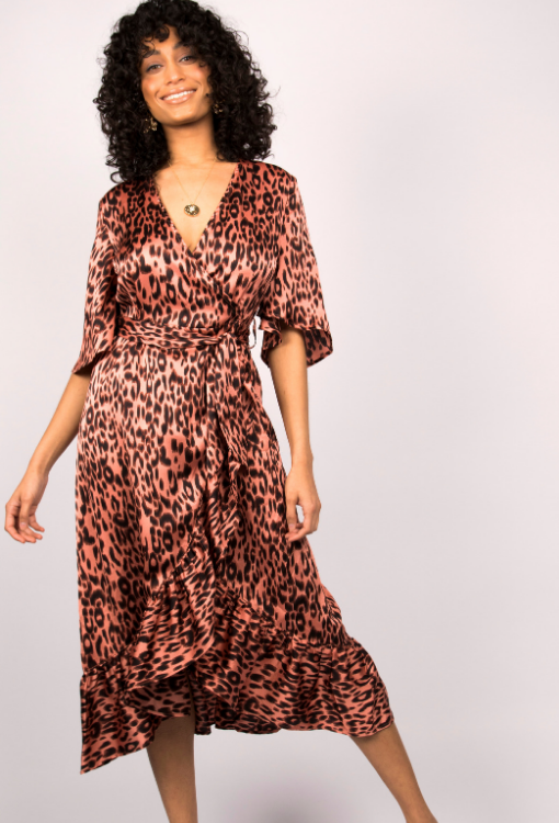 Pink Leopard Print Wrap Ruffle Midi Slip Dress