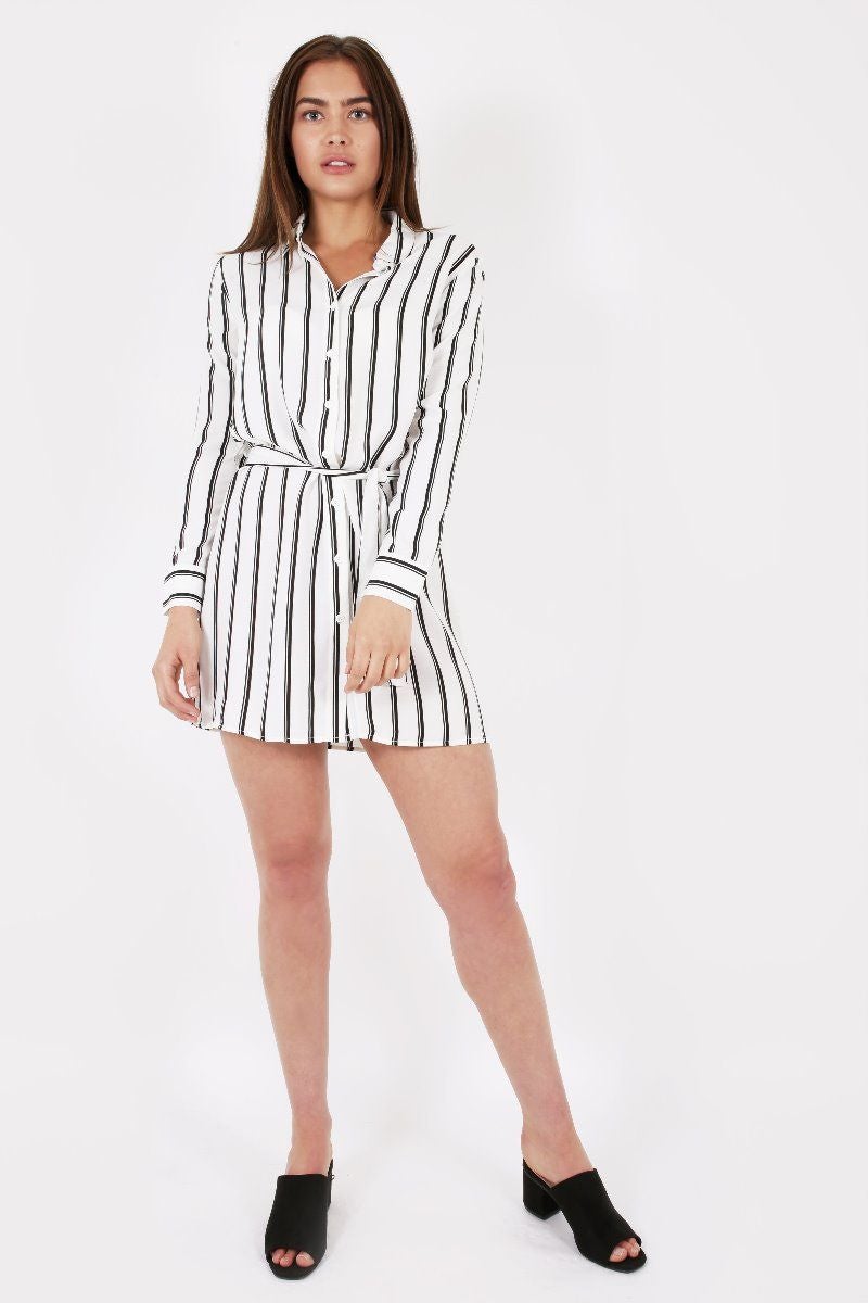 WHITE AND BLACK VERTICAL STRIPE SHIRT DRESS
