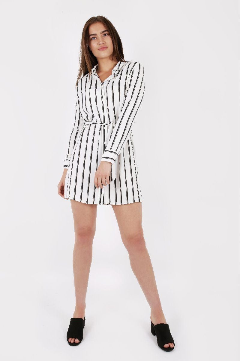 WHITE AND BLACK VERTICAL STRIPE SHIRT DRESS