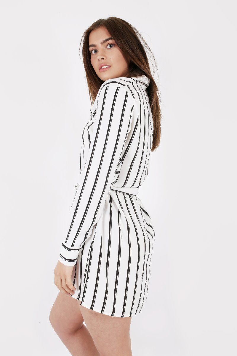 WHITE AND BLACK VERTICAL STRIPE SHIRT DRESS